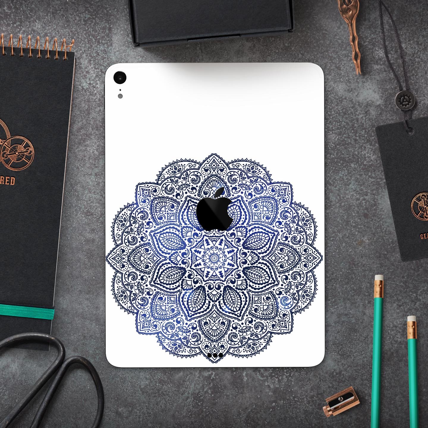 Dark Blue Indian Ornament skin decal for Apple iPad, showcasing intricate design and premium quality materials.