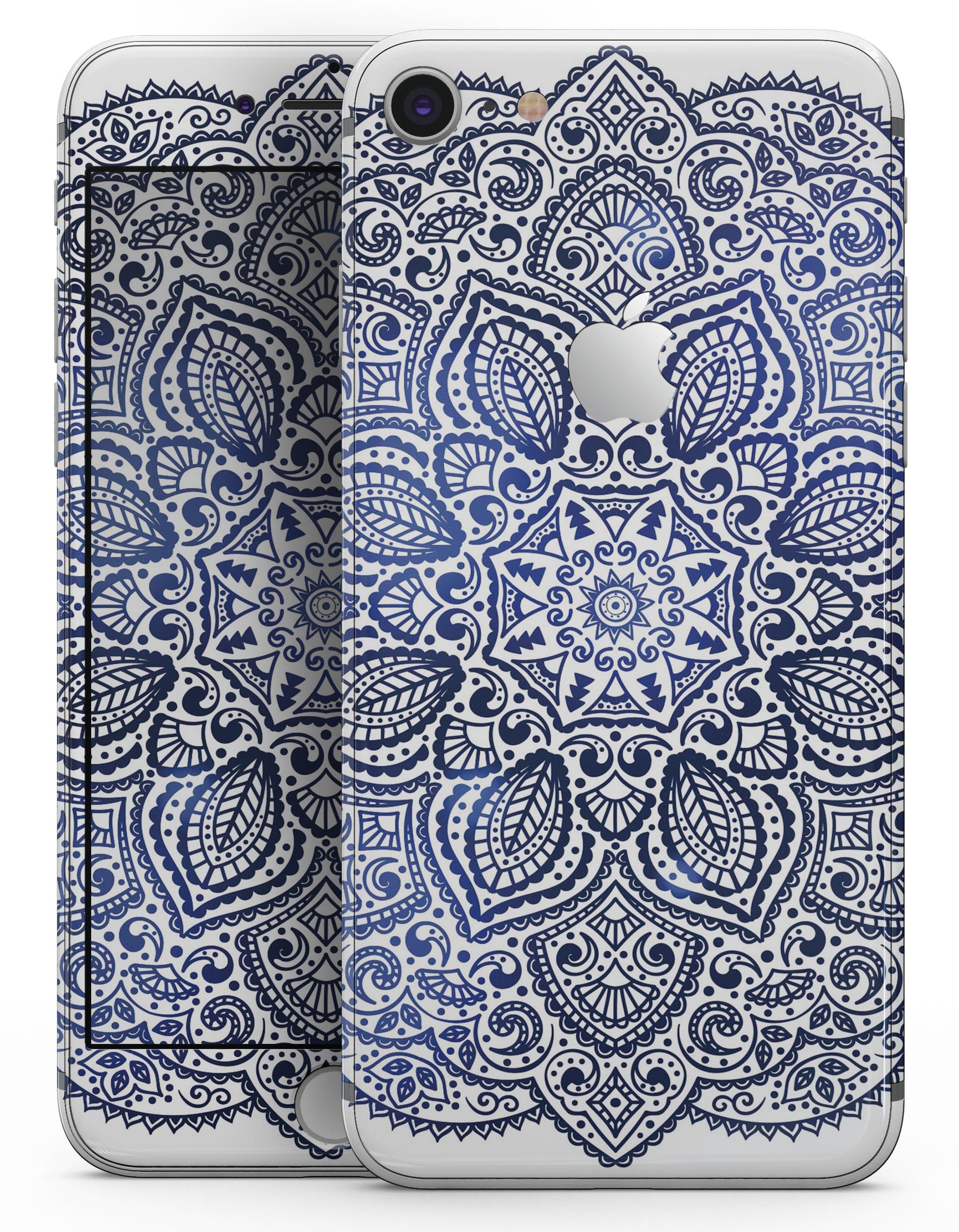 Dark Blue Indian Ornament skin for iPhone 8 and 8 Plus, showcasing intricate design and premium vinyl material.