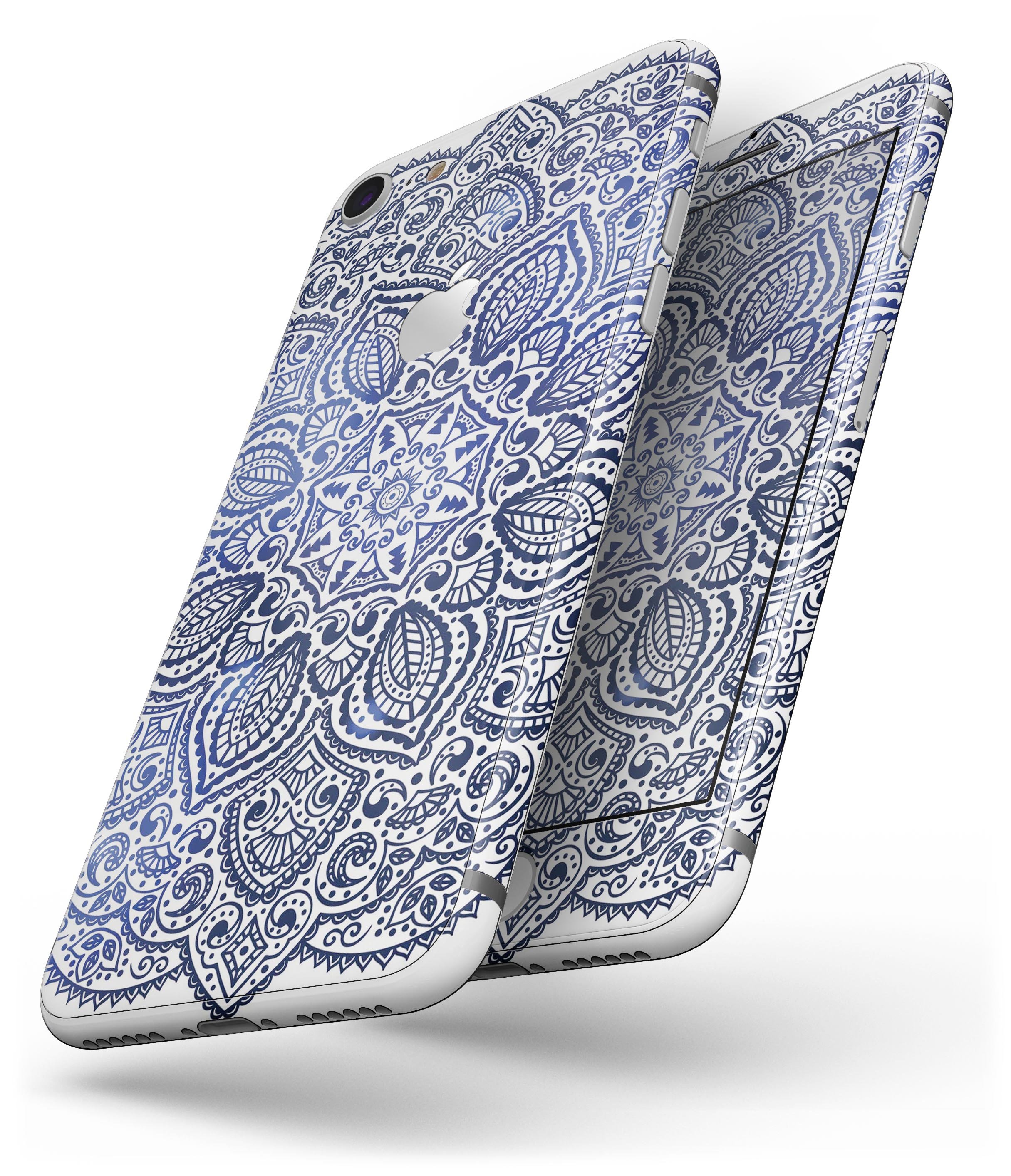 Dark Blue Indian Ornament skin for iPhone 8 and 8 Plus, showcasing intricate design and premium vinyl material.