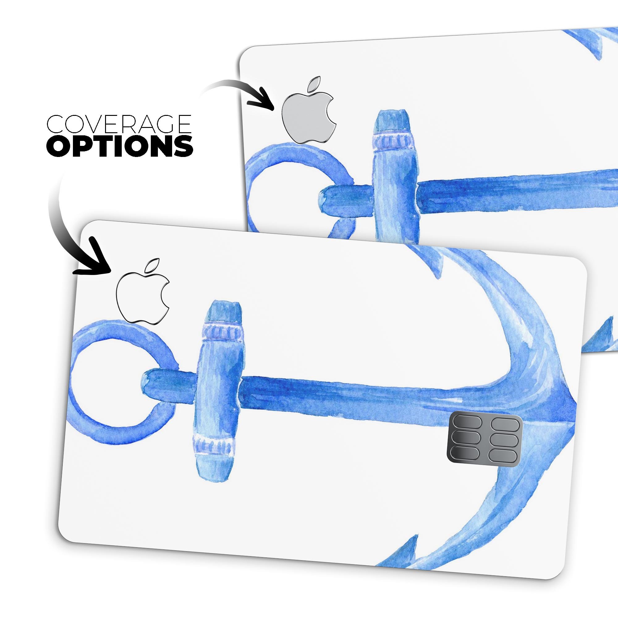 Dark Blue Watercolor Anchor skin decal for Apple Card, showcasing a vibrant design with protective features.