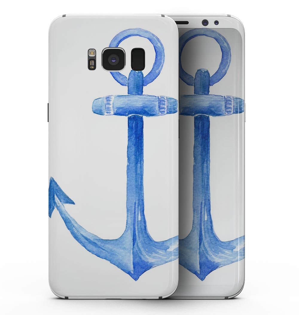 Dark blue watercolor anchor design skin for Samsung Galaxy S8, showcasing vibrant colors and a sleek fit.