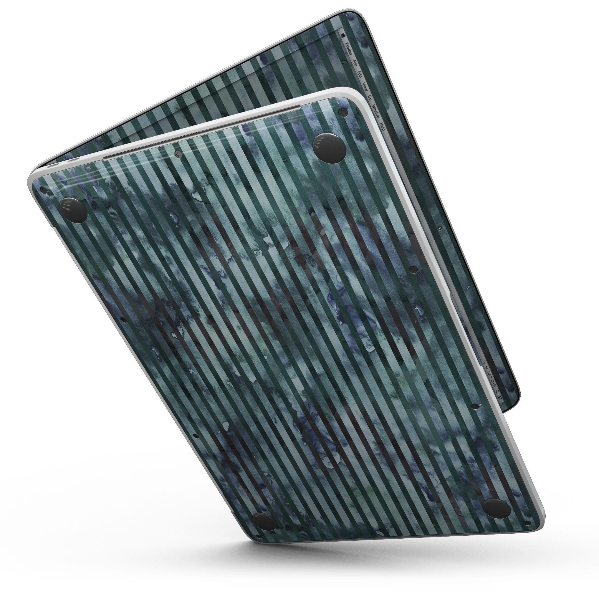 Dark blue watercolor stripes skin for 13" MacBook Pro without Touch Bar, showcasing vibrant colors and a sleek design.