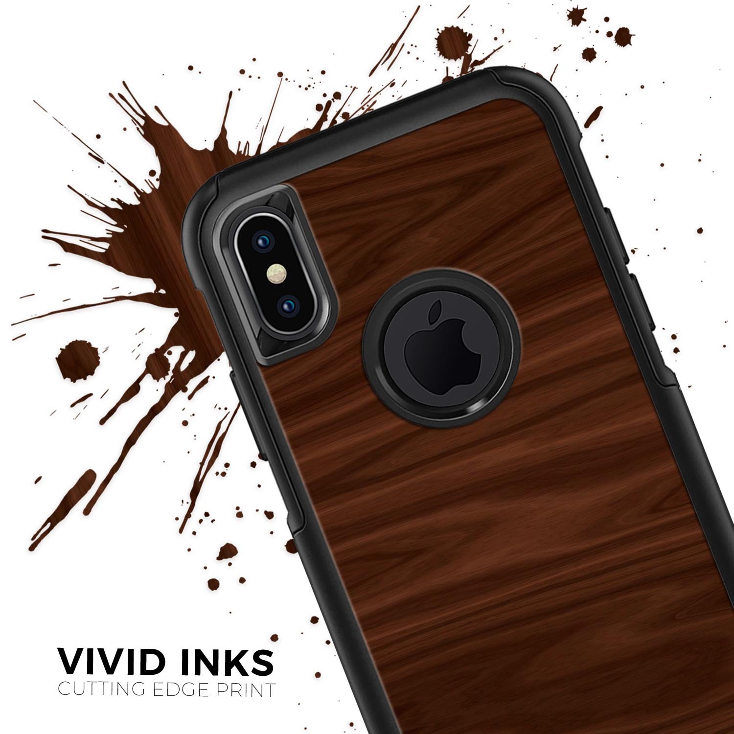 Dark Brown Wood Grain Skin Kit for iPhone OtterBox Cases, showcasing a stylish wood grain design.