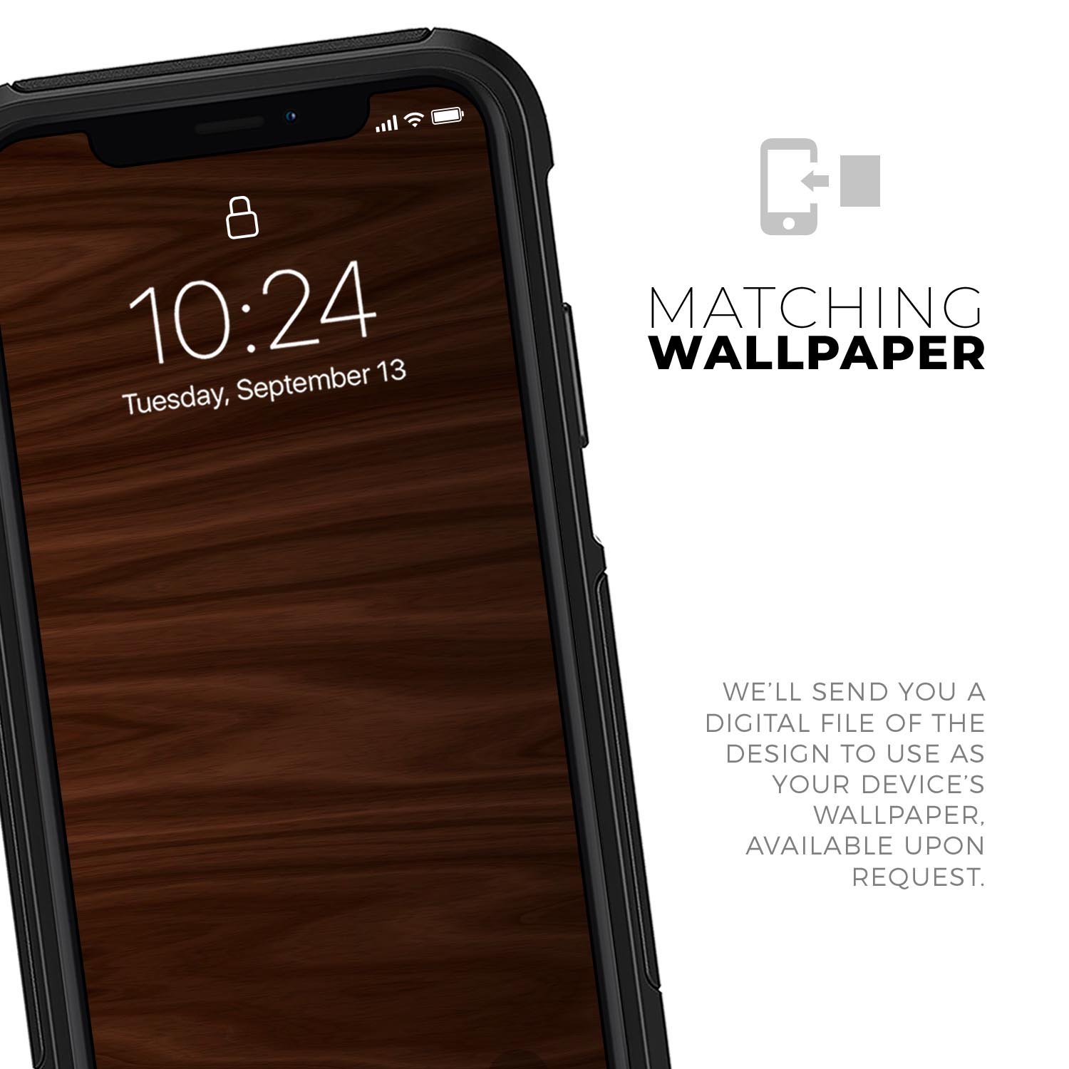Dark Brown Wood Grain Skin Kit for iPhone OtterBox Cases, showcasing a stylish wood grain design.