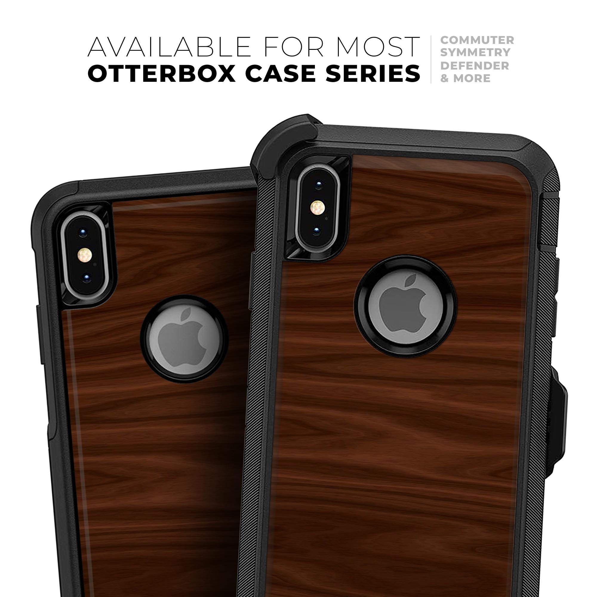 Dark Brown Wood Grain Skin Kit for iPhone OtterBox Cases, showcasing a stylish wood grain design.