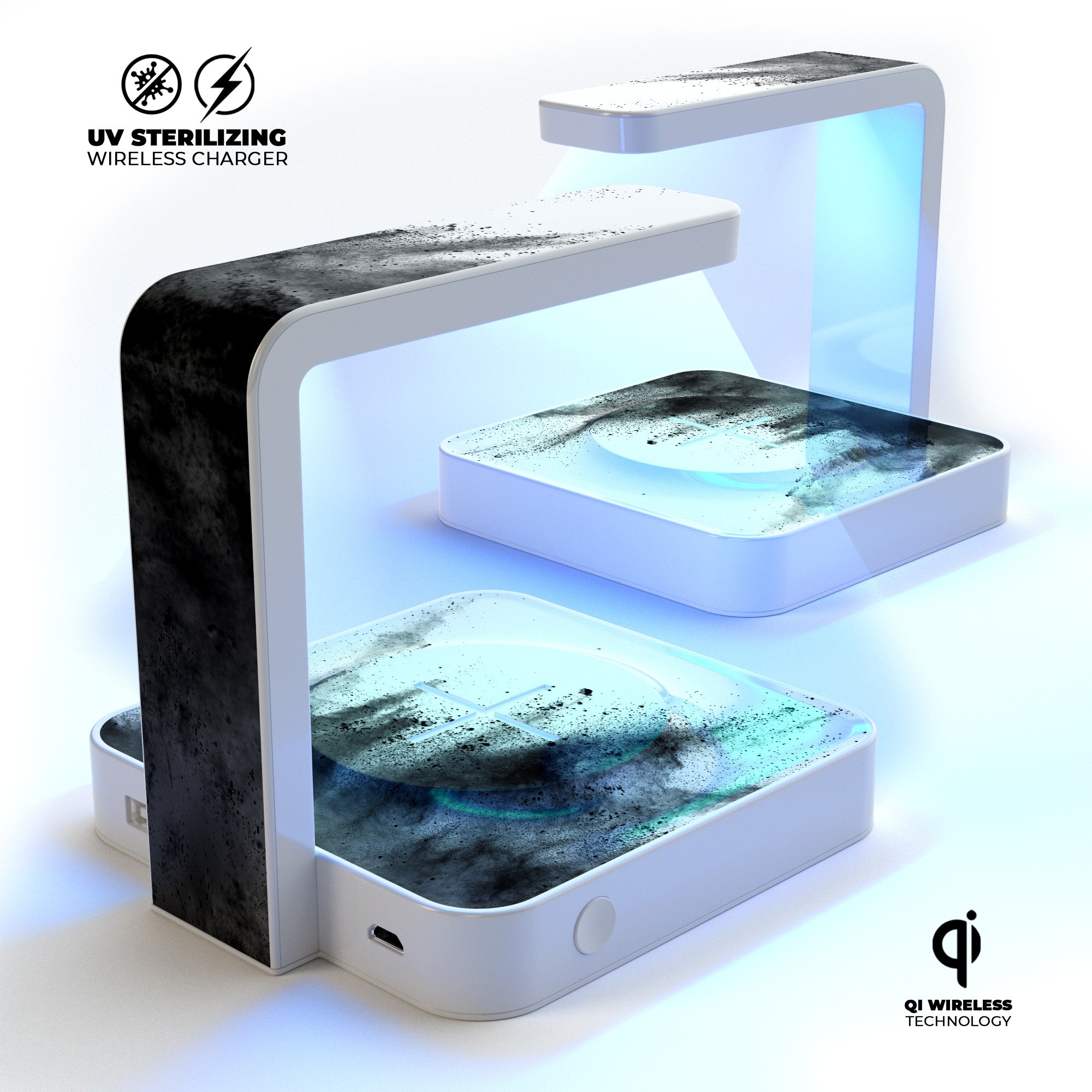 Dark Dust Explosion UV Germicidal Sanitizing Wireless Charger with phone on top, showcasing its sleek design and sterilizing lamp.