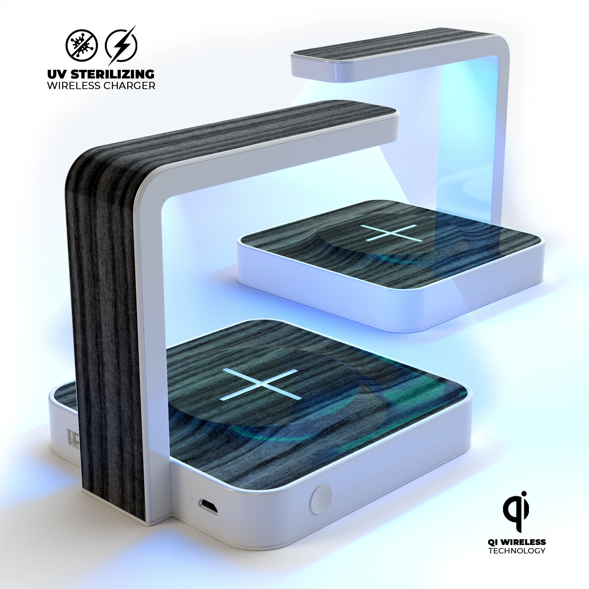 Dark Ebony Woodgrain UV Germicidal Sanitizing Wireless Charger with a sleek design, showcasing its sterilizing lamp and wireless charging capabilities.