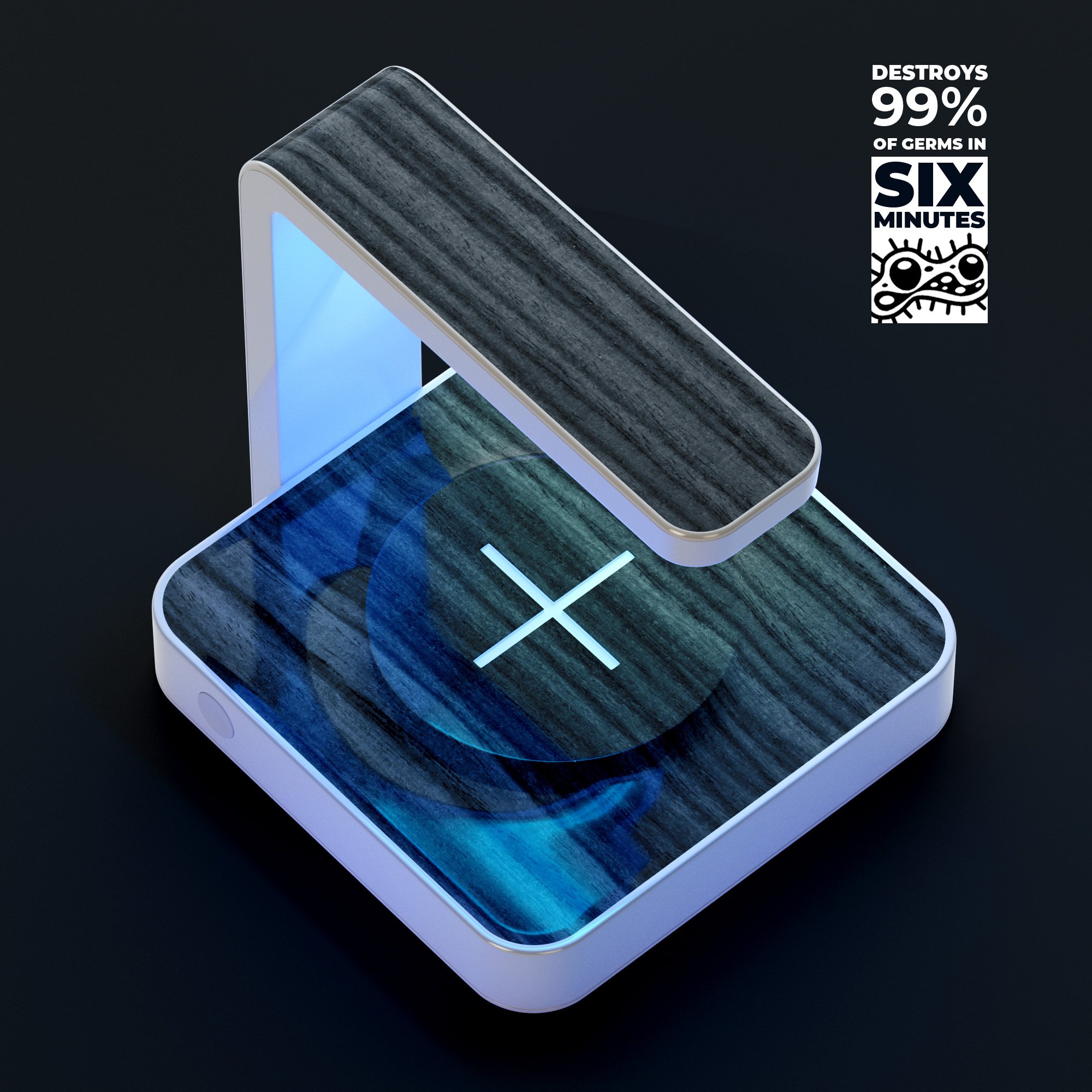 Dark Ebony Woodgrain UV Germicidal Sanitizing Wireless Charger with a sleek design, showcasing its sterilizing lamp and wireless charging capabilities.