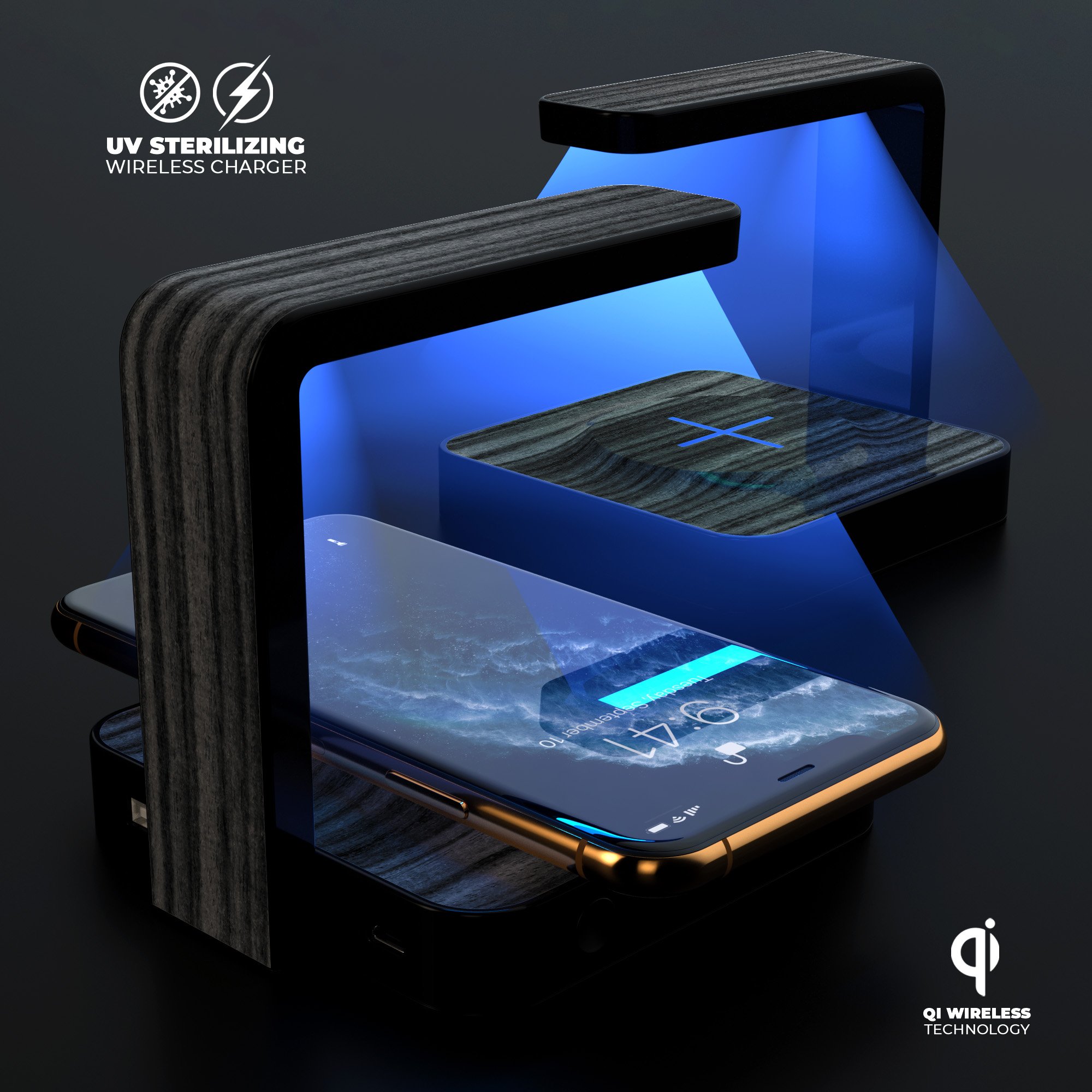 Dark Ebony Woodgrain UV Germicidal Sanitizing Wireless Charger with a sleek design, showcasing its sterilizing lamp and wireless charging capabilities.