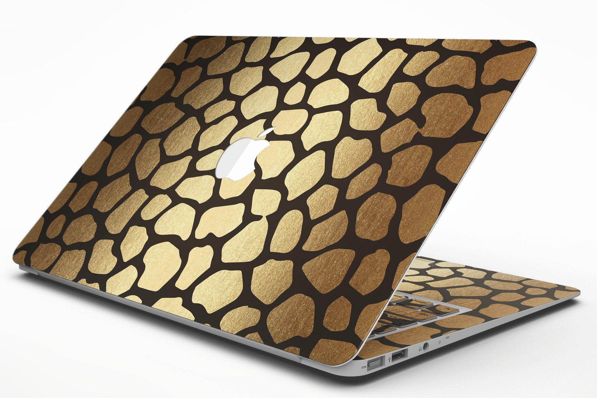 Dark Gold Flaked Animal v2 MacBook Air Skin Kit showcasing premium vinyl design with gold flakes.