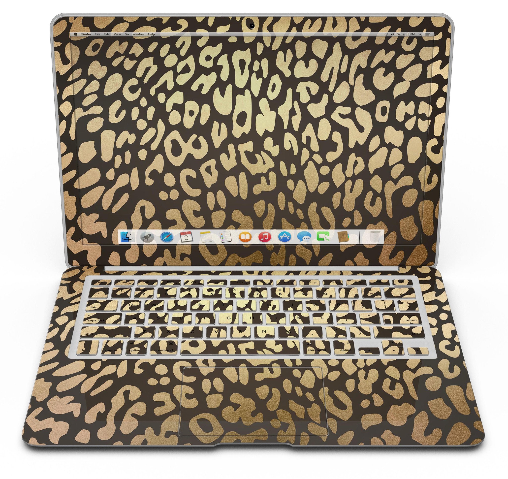 Dark Gold Flaked Animal v3 MacBook Air Skin Kit showcasing a stylish design with gold flakes on a dark background.