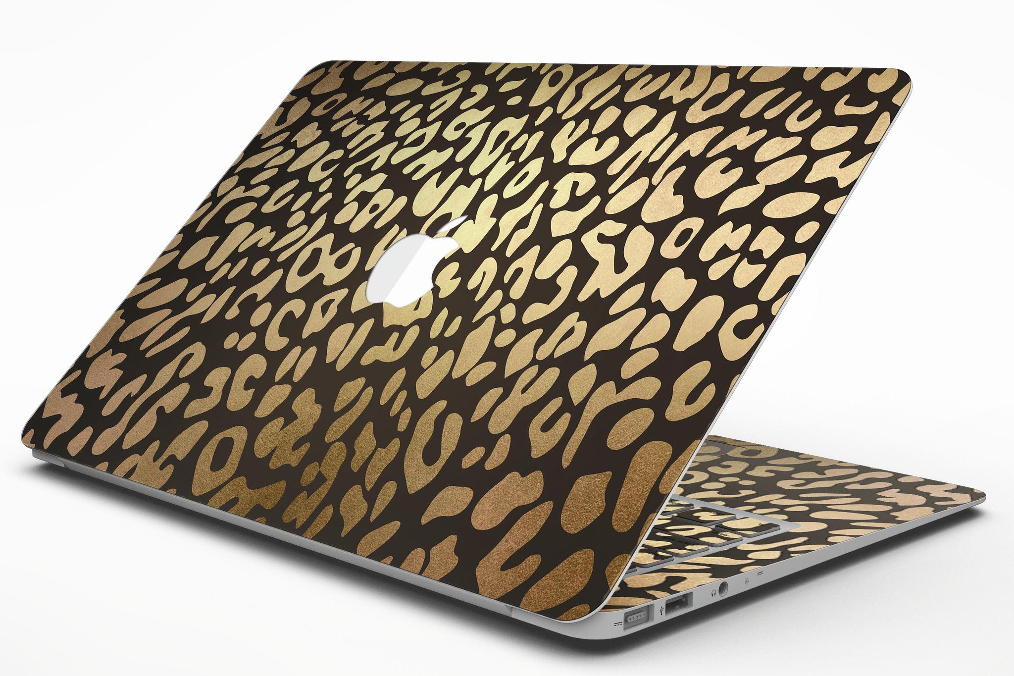 Dark Gold Flaked Animal v3 MacBook Air Skin Kit showcasing a stylish design with gold flakes on a dark background.