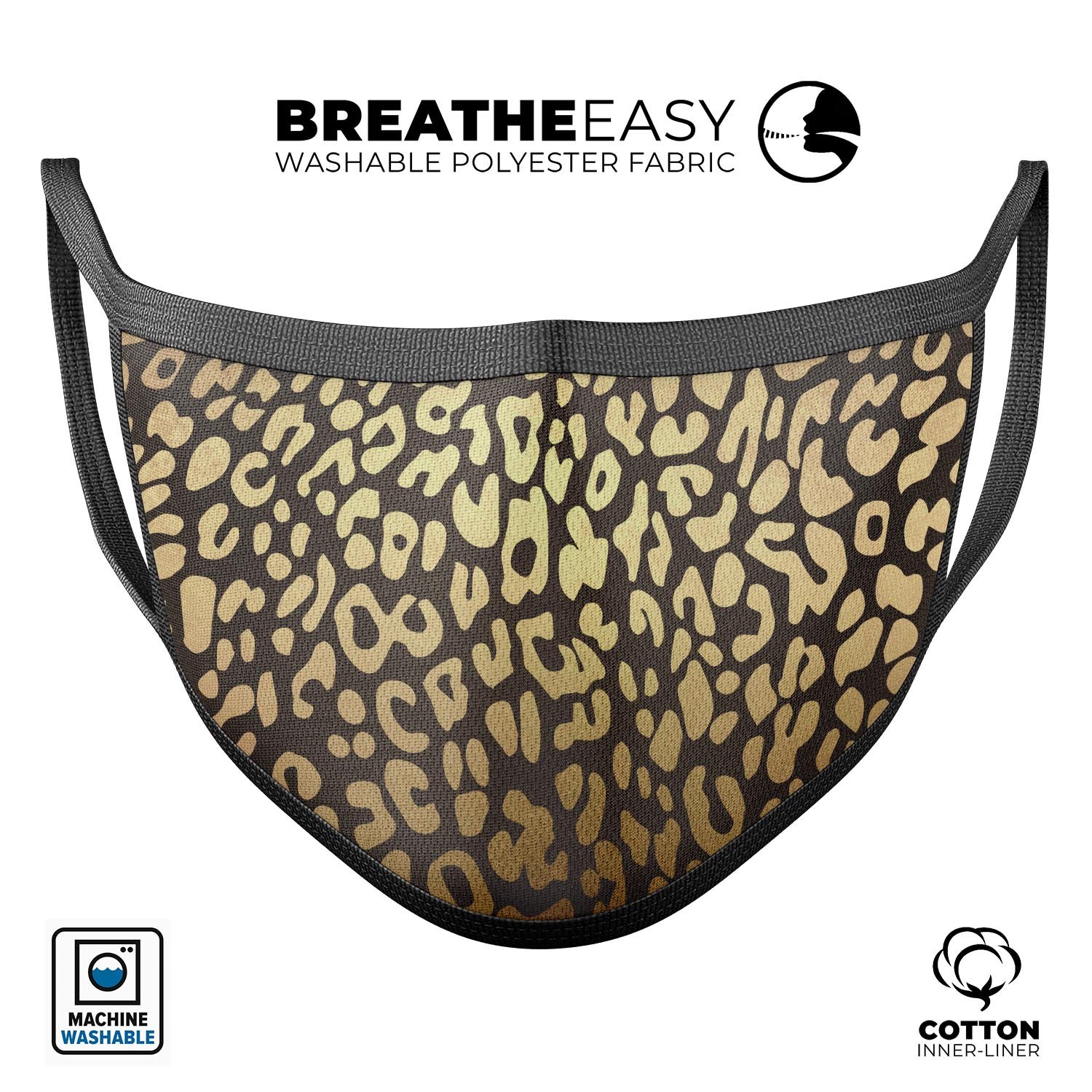 Dark Gold Flaked Animal v3 mouth cover, featuring a unique design, adjustable ear loops, and made from soft cotton material.