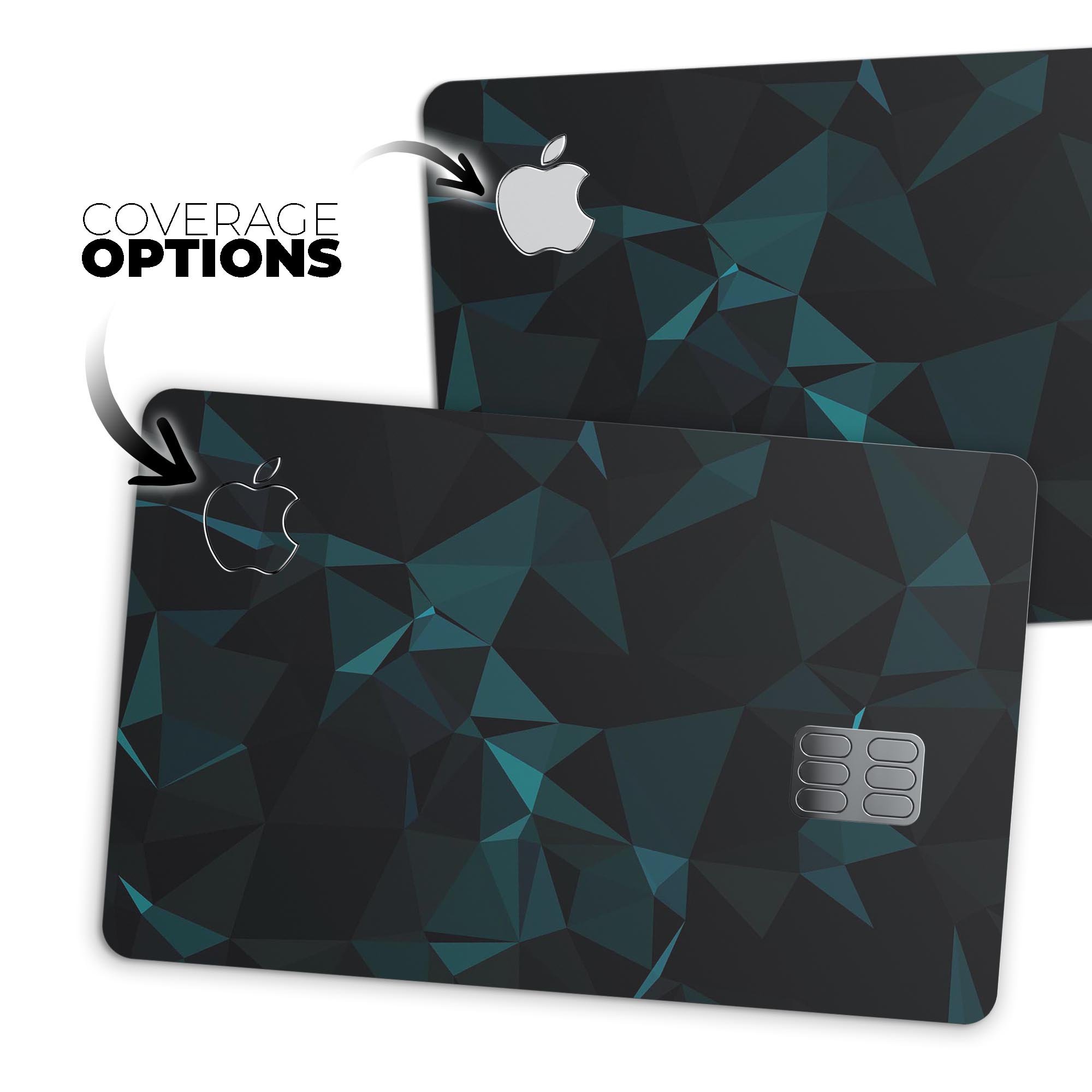 Dark green and black geometric triangles protective decal for Apple Card, showcasing a stylish design and premium quality.