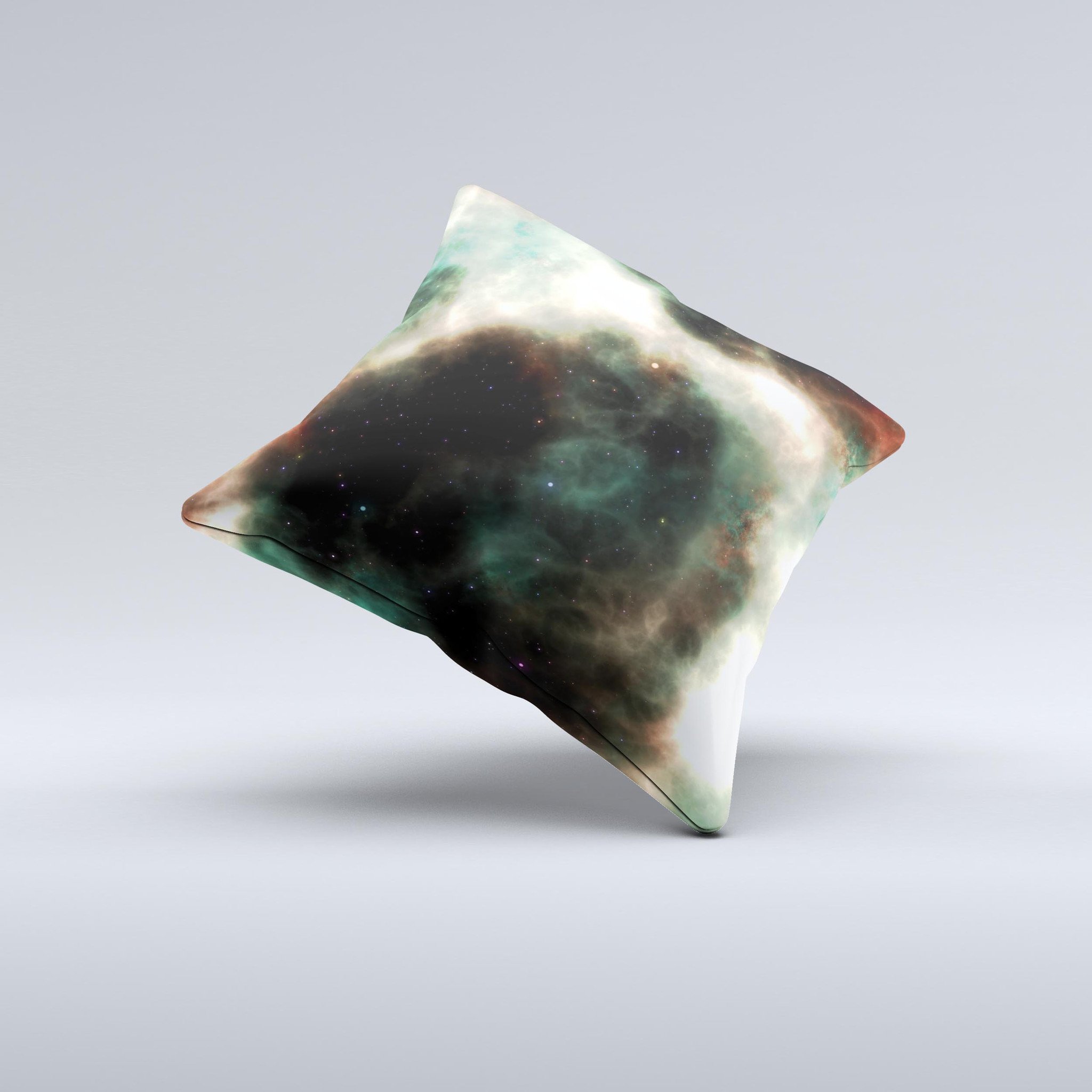 Dark green decorative throw pillow with glowing universe design, handcrafted in Virginia, showcasing unique imperfections.