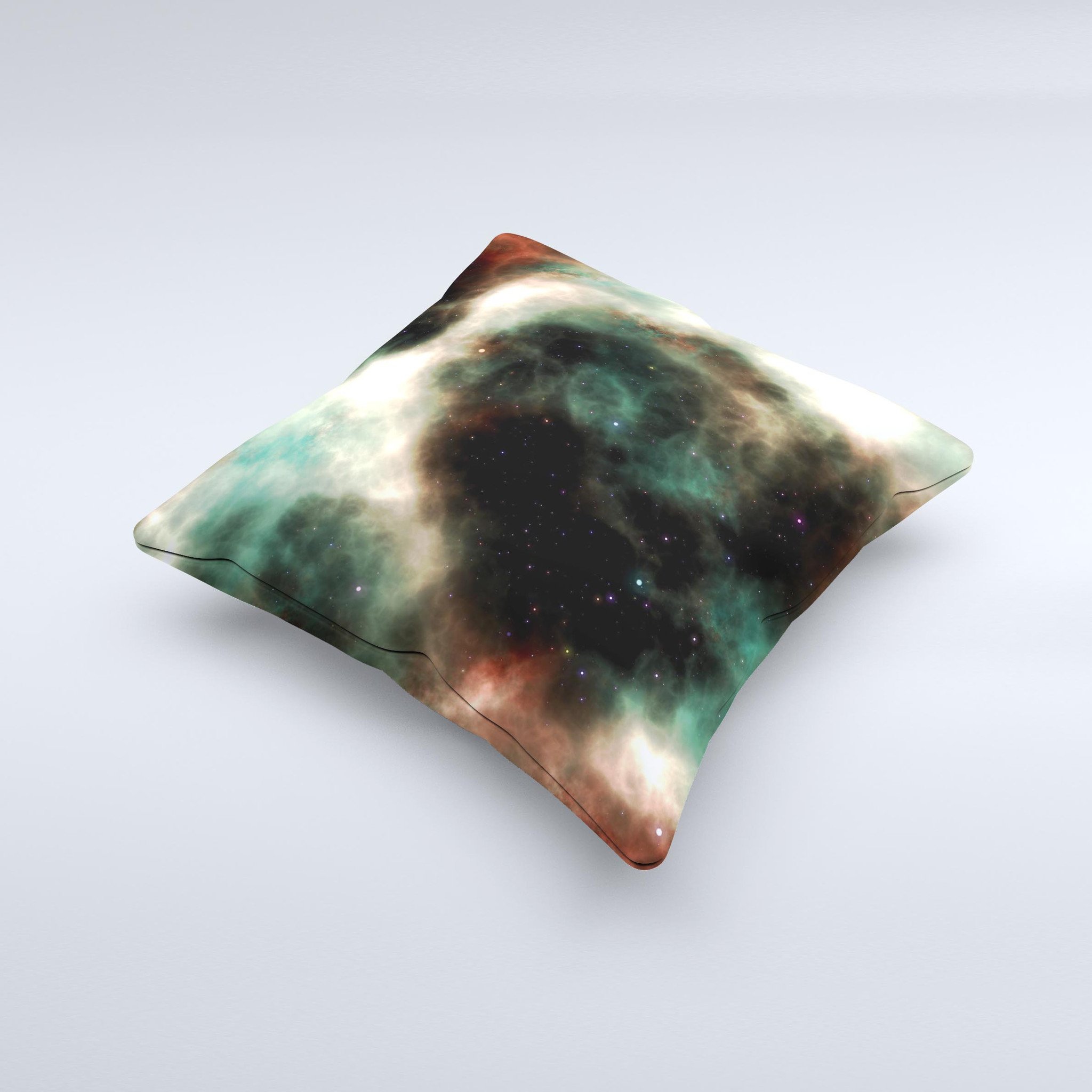Dark green decorative throw pillow with glowing universe design, handcrafted in Virginia, showcasing unique imperfections.
