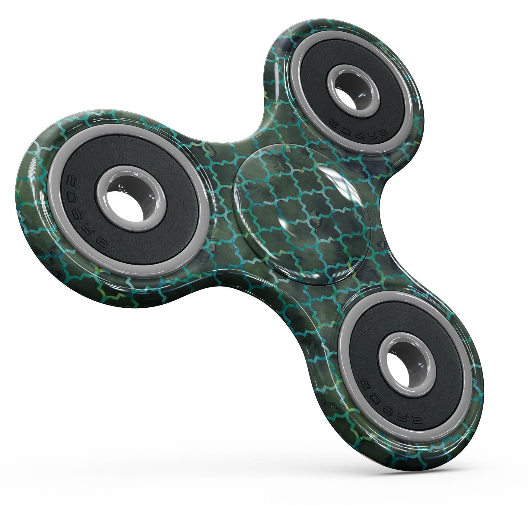Dark green watercolor quatrefoil fidget spinner skin kit, showcasing intricate design and premium vinyl material.