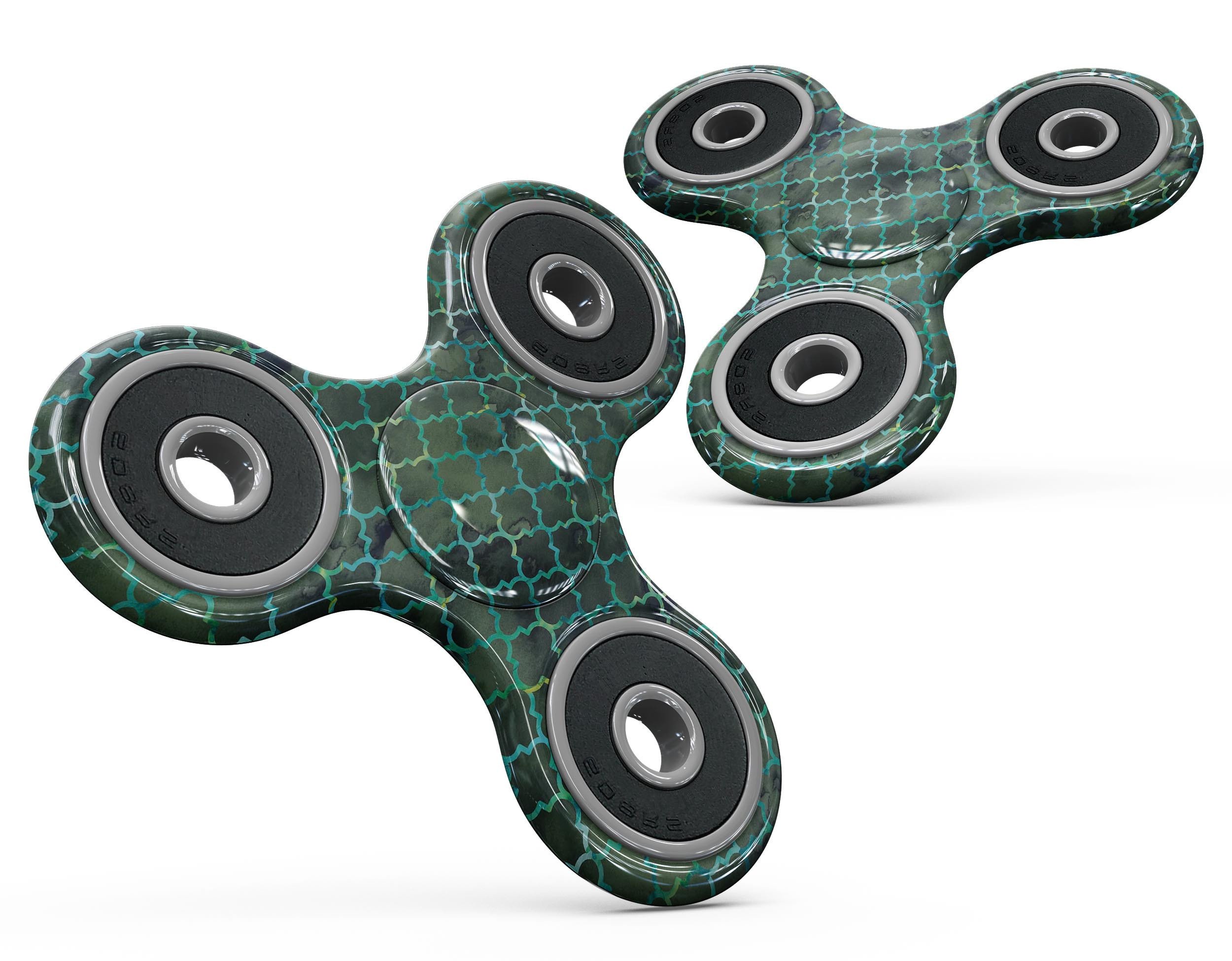 Dark green watercolor quatrefoil fidget spinner skin kit, showcasing intricate design and premium vinyl material.