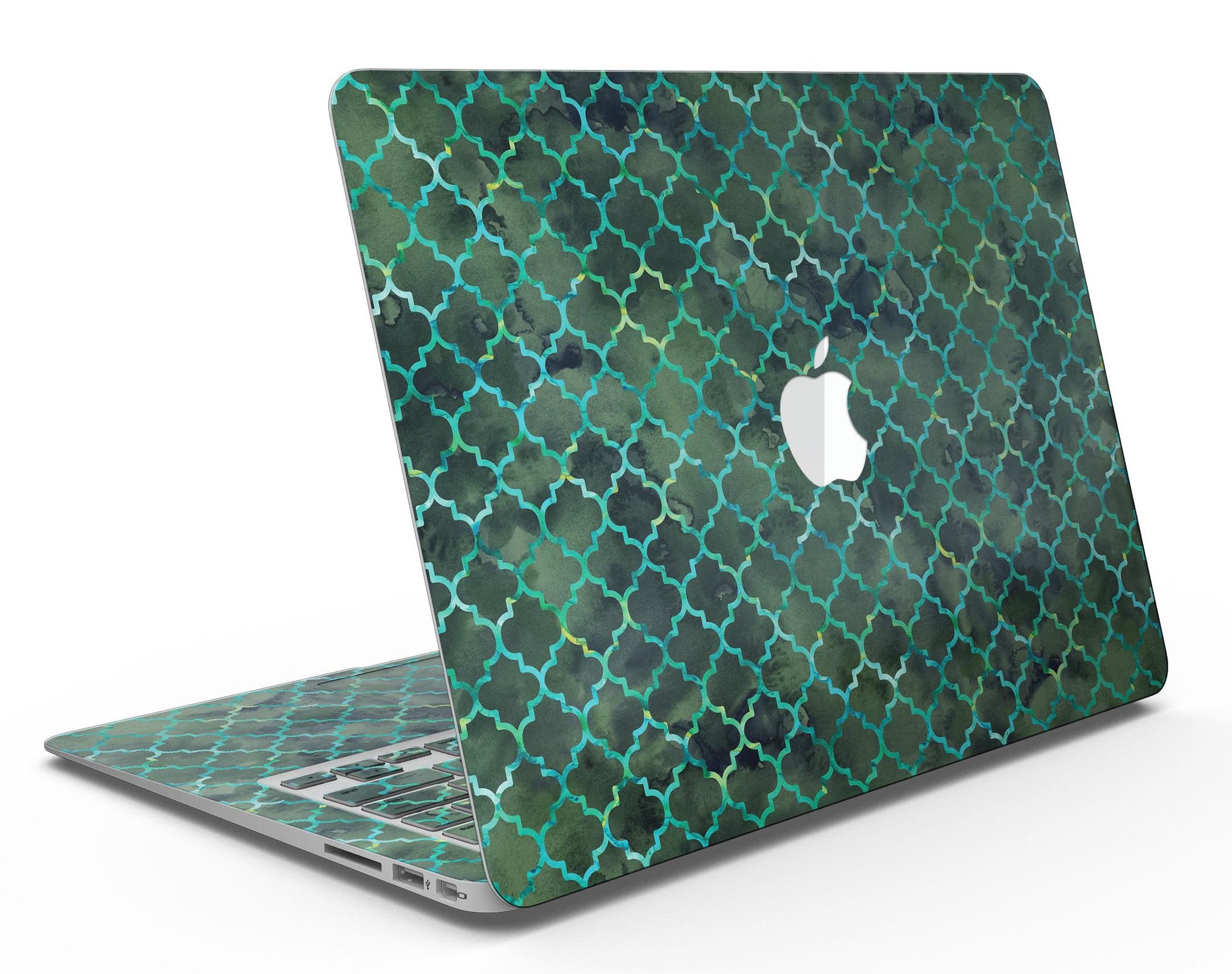 Dark Green Watercolor Quatrefoil skin applied to a MacBook Air, showcasing its elegant design and sleek fit.