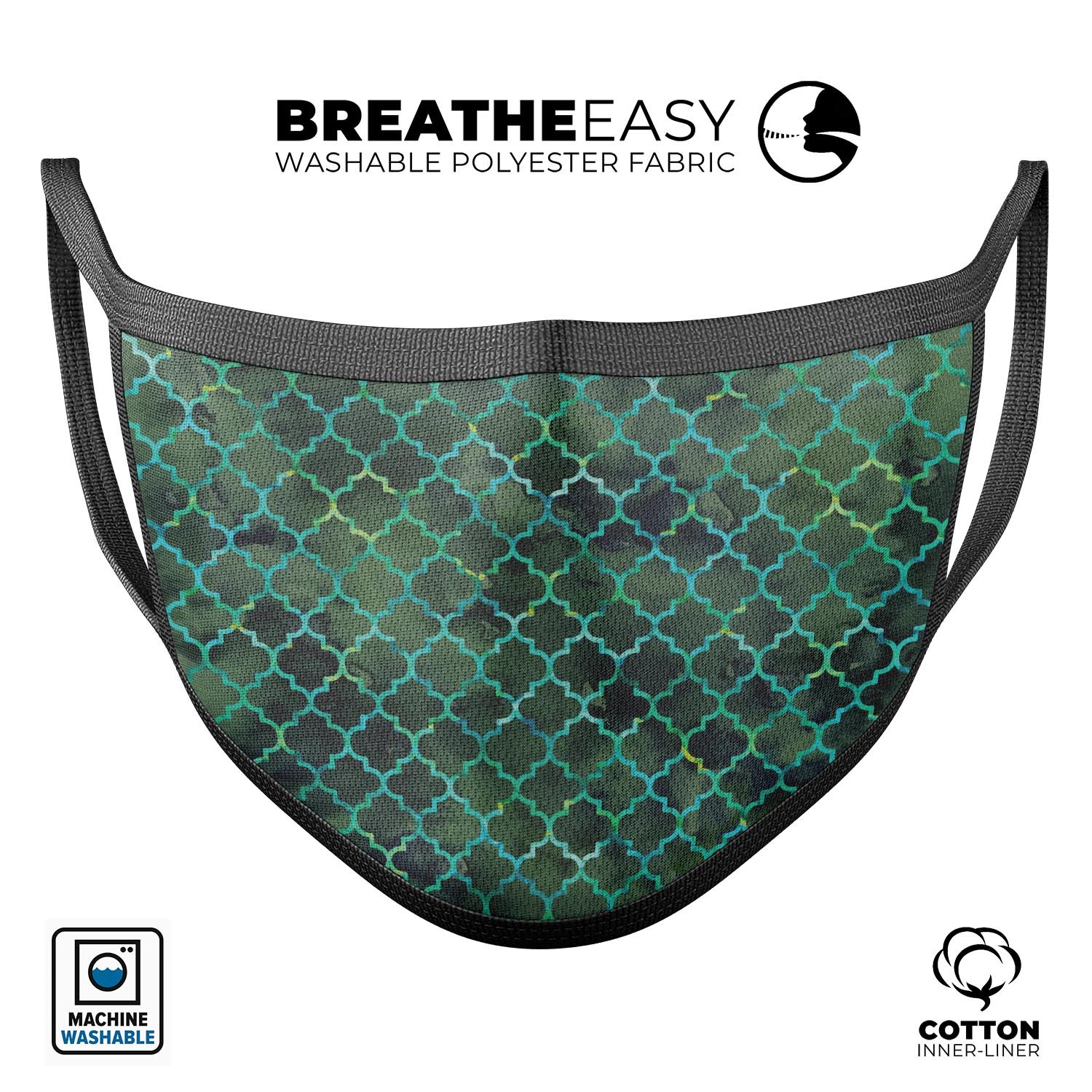 Dark Green Watercolor Quatrefoil face mask, showcasing a stylish design with a comfortable fit, made in the USA.