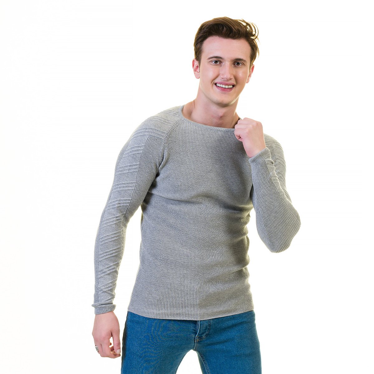 Dark grey zippered sweater jacket made from luxury European wool, featuring a hoodie and long sleeves, perfect for both casual and formal wear.