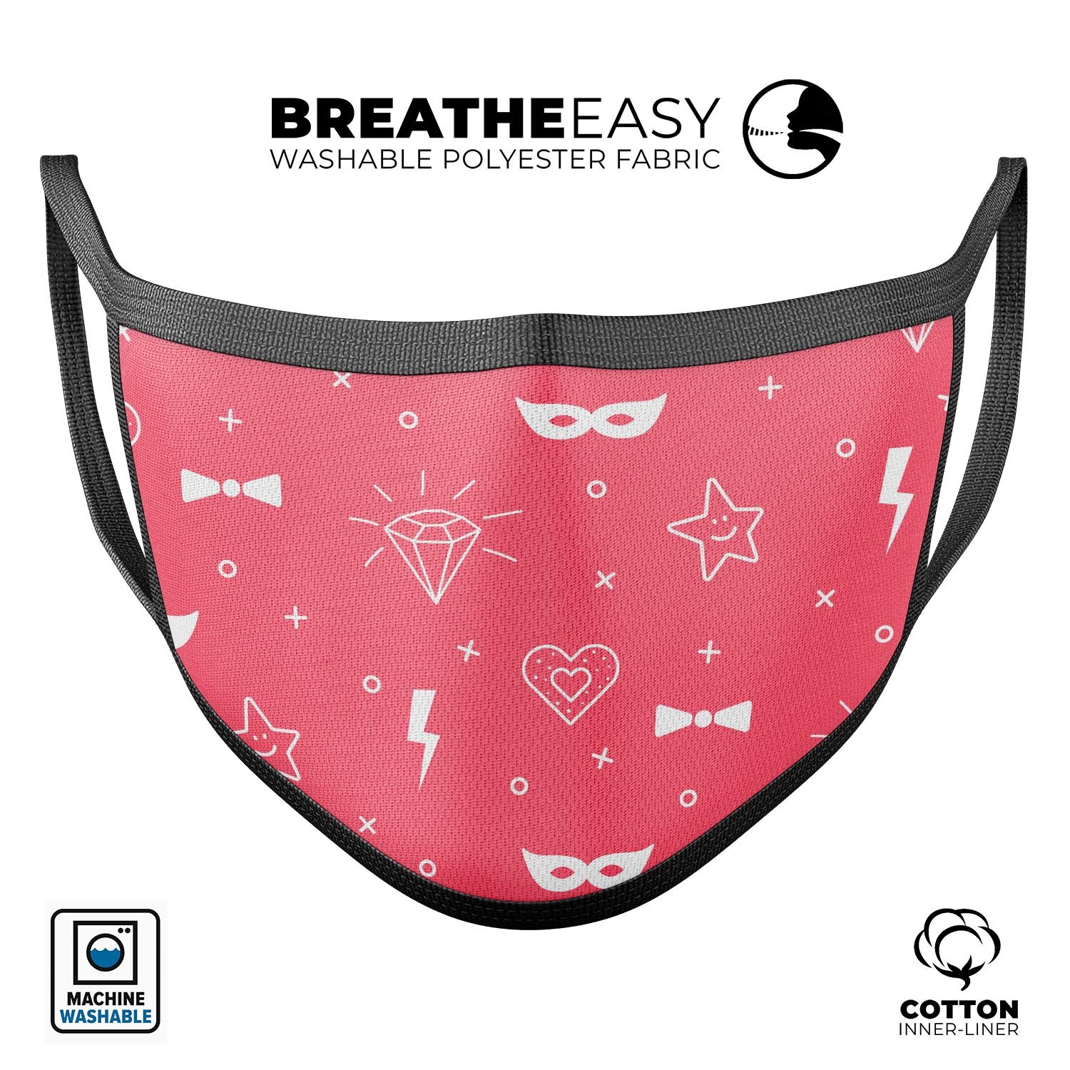 Dark pink doodle face mask with lightning design, made in the USA, featuring adjustable ear loops and a comfortable cotton interior.