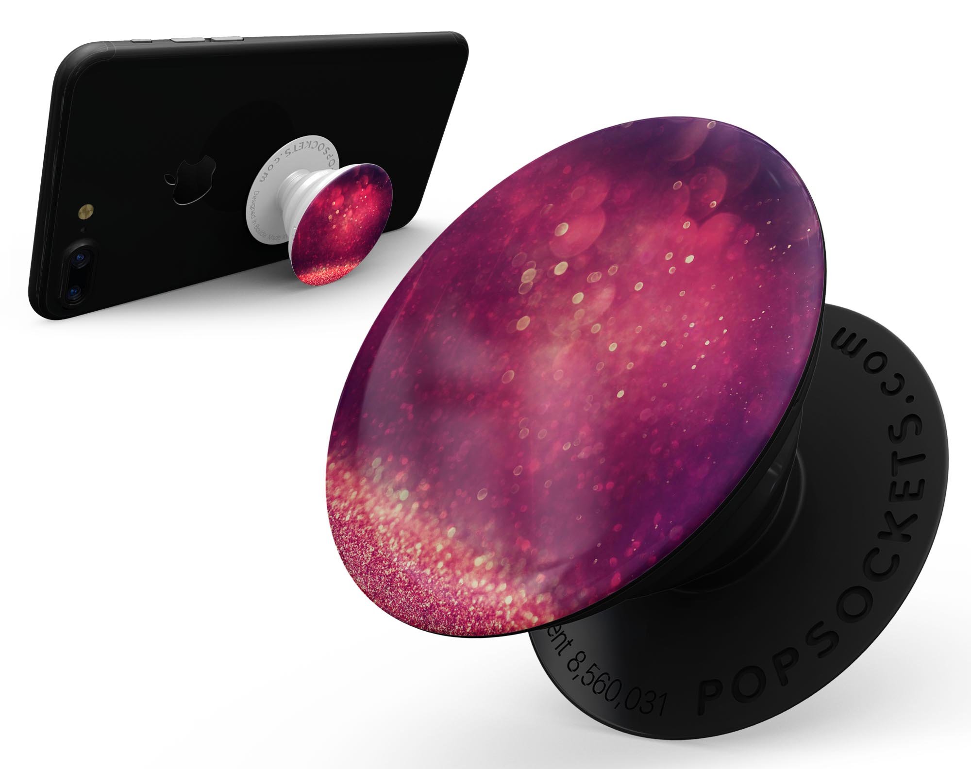 Dark Pink Shimmering Orbs of Light skin kit for PopSockets, showcasing a vibrant design with shimmering effects.
