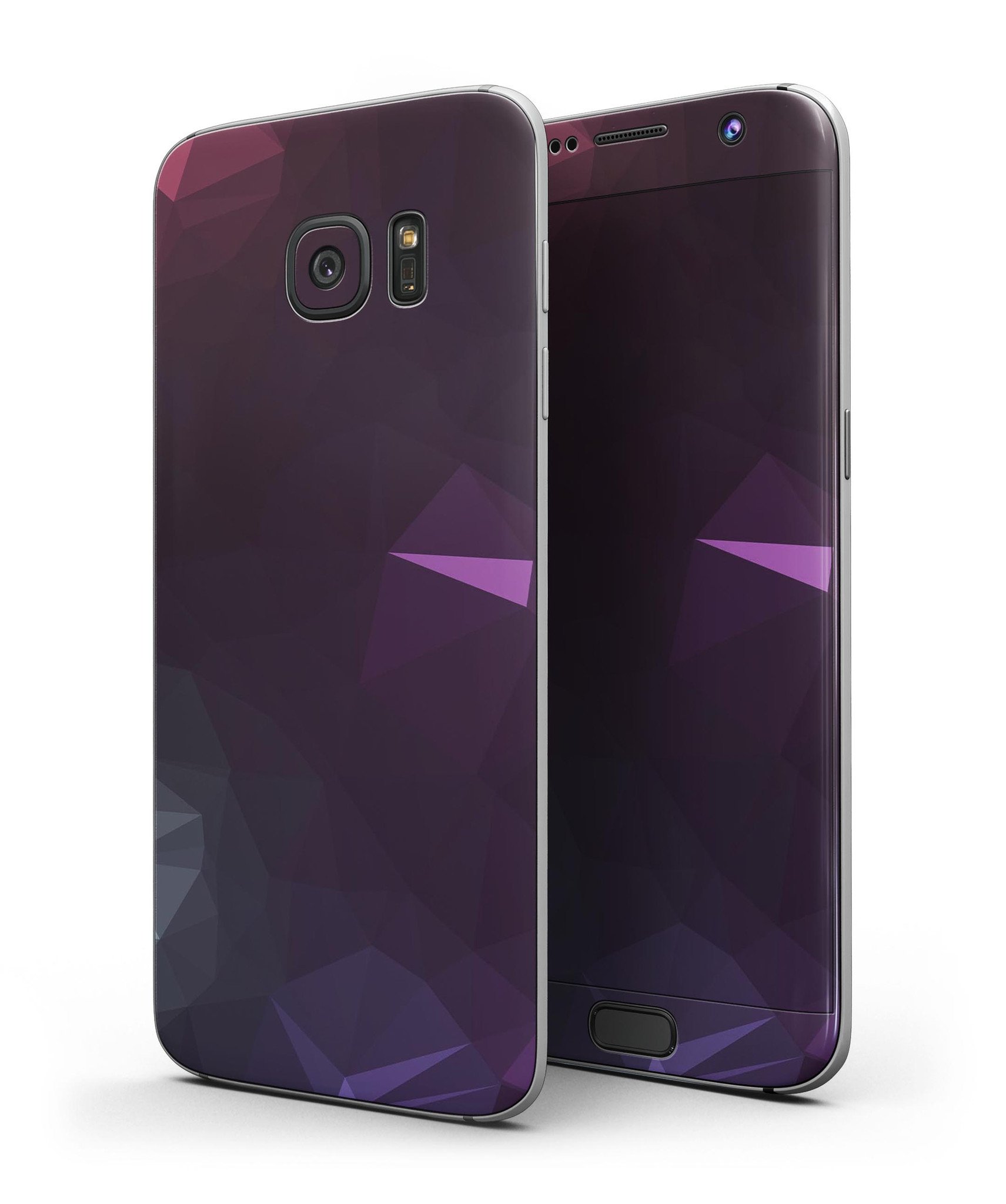 Dark purple and pink geometric shapes skin kit for Samsung Galaxy S7 and S7 Edge, showcasing full-body coverage and stylish design.