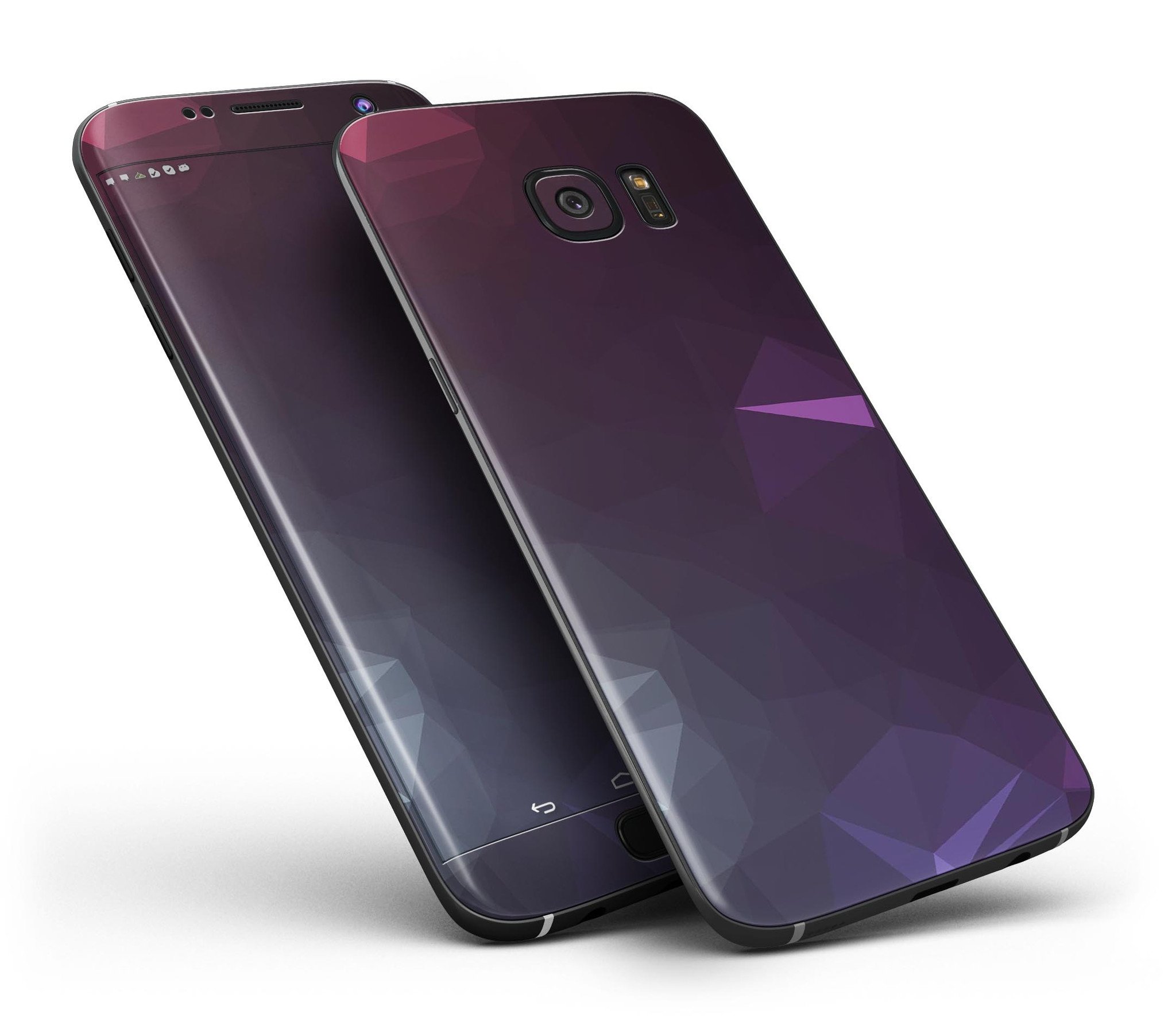 Dark purple and pink geometric shapes skin kit for Samsung Galaxy S7 and S7 Edge, showcasing full-body coverage and stylish design.