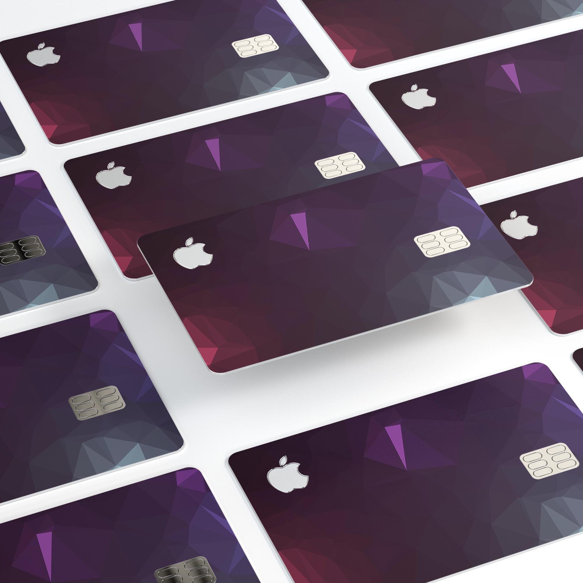 Dark purple and pink geometric shapes decal for Apple Card, showcasing premium vinyl material and stylish design.