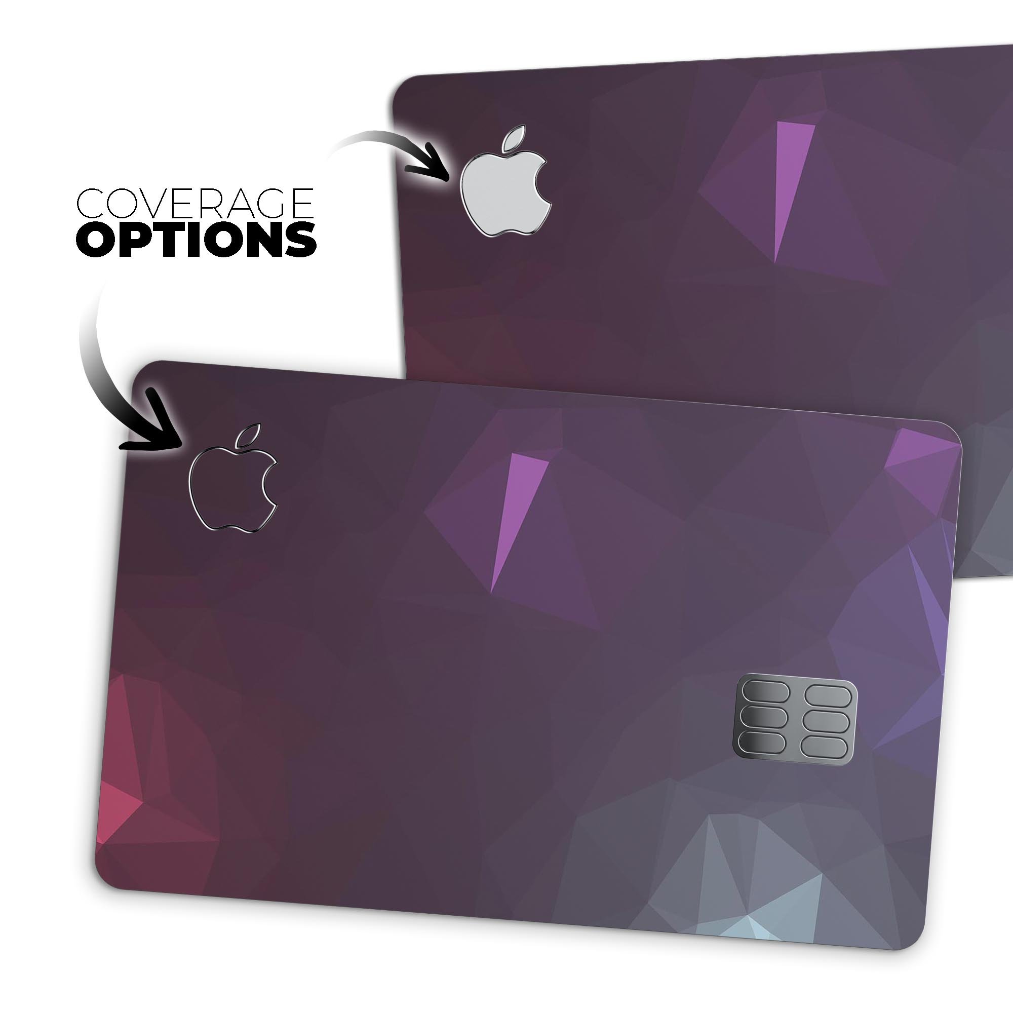 Dark purple and pink geometric shapes decal for Apple Card, showcasing premium vinyl material and stylish design.