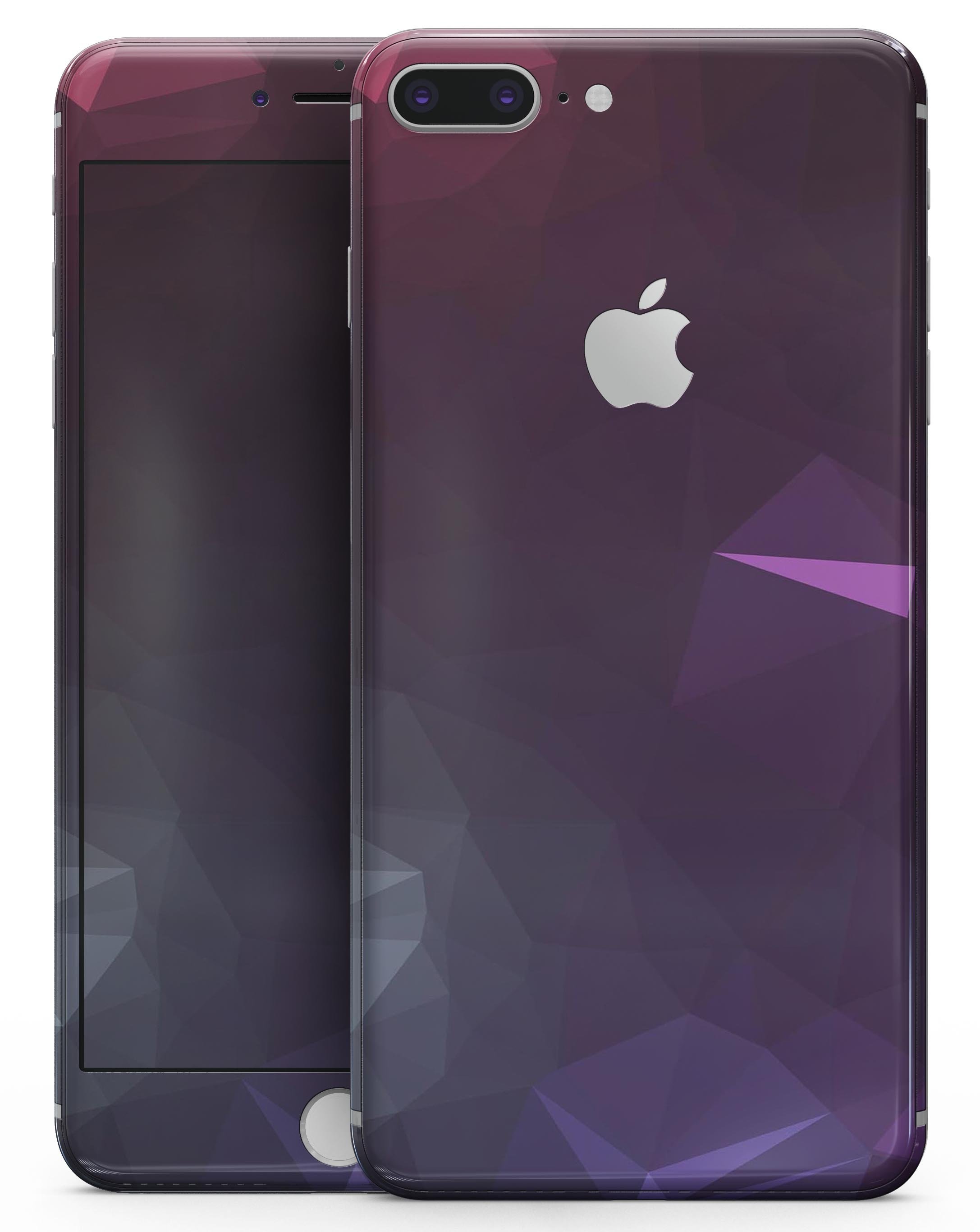 Dark purple and pink geometric shapes skin for iPhone 8 and 8 Plus, showcasing vibrant colors and stylish design.
