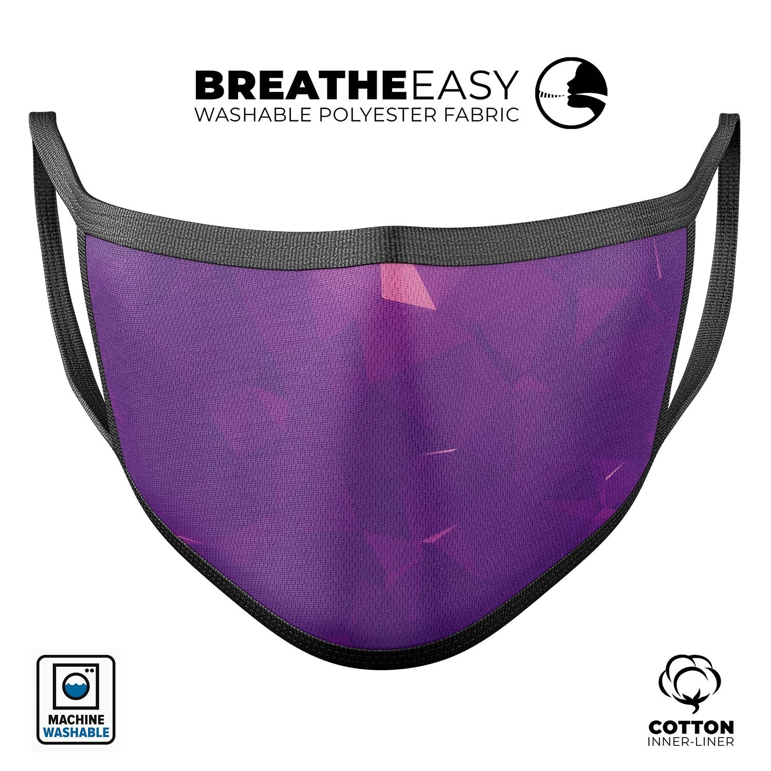 Dark Purple Geometric V15 mouth cover, showcasing a stylish geometric pattern, made from soft cotton and memory foam for comfort.
