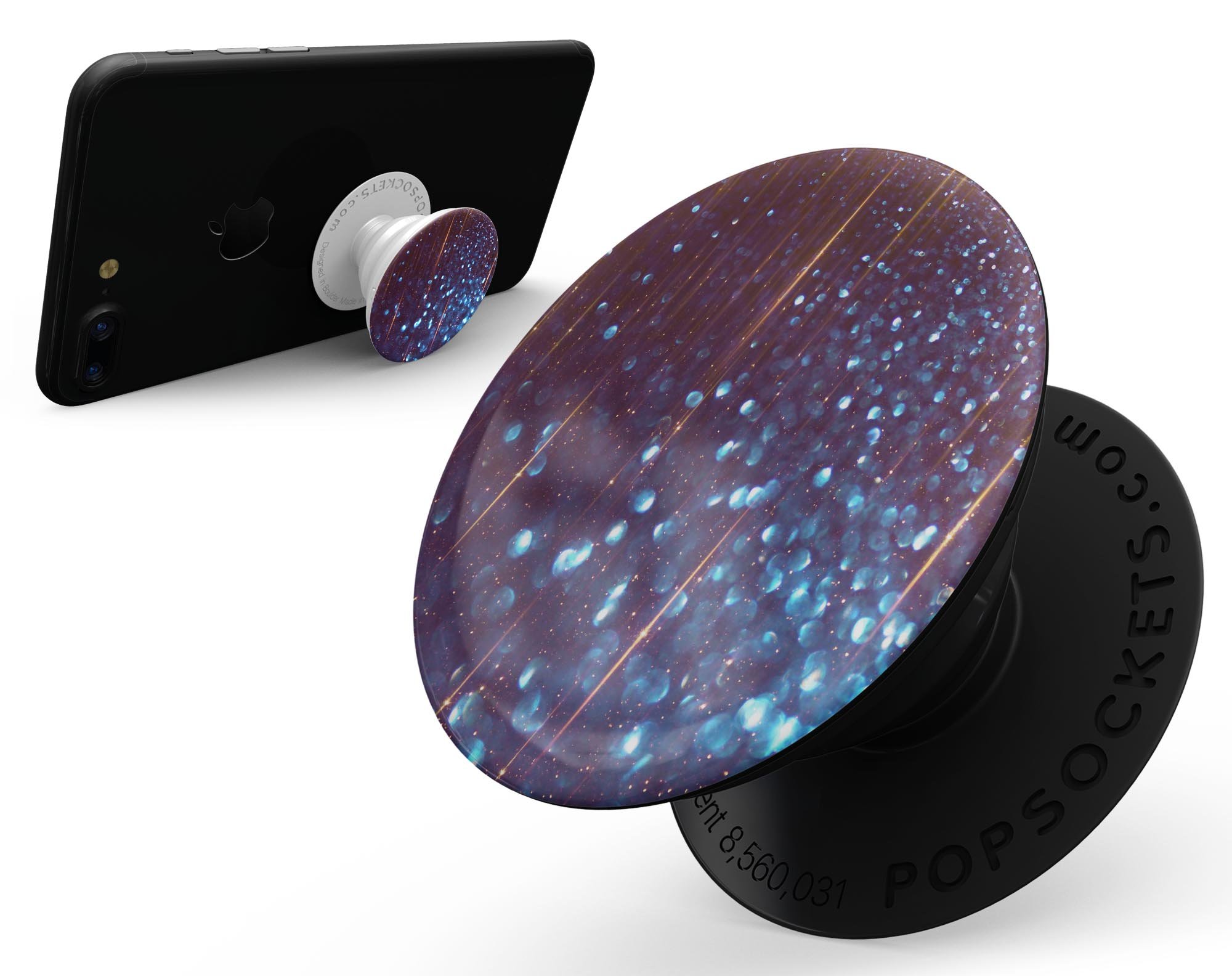 Dark Radiant Orbs of Blue skin kit for PopSockets featuring vibrant blue orbs and streaks, designed for easy application and durability.