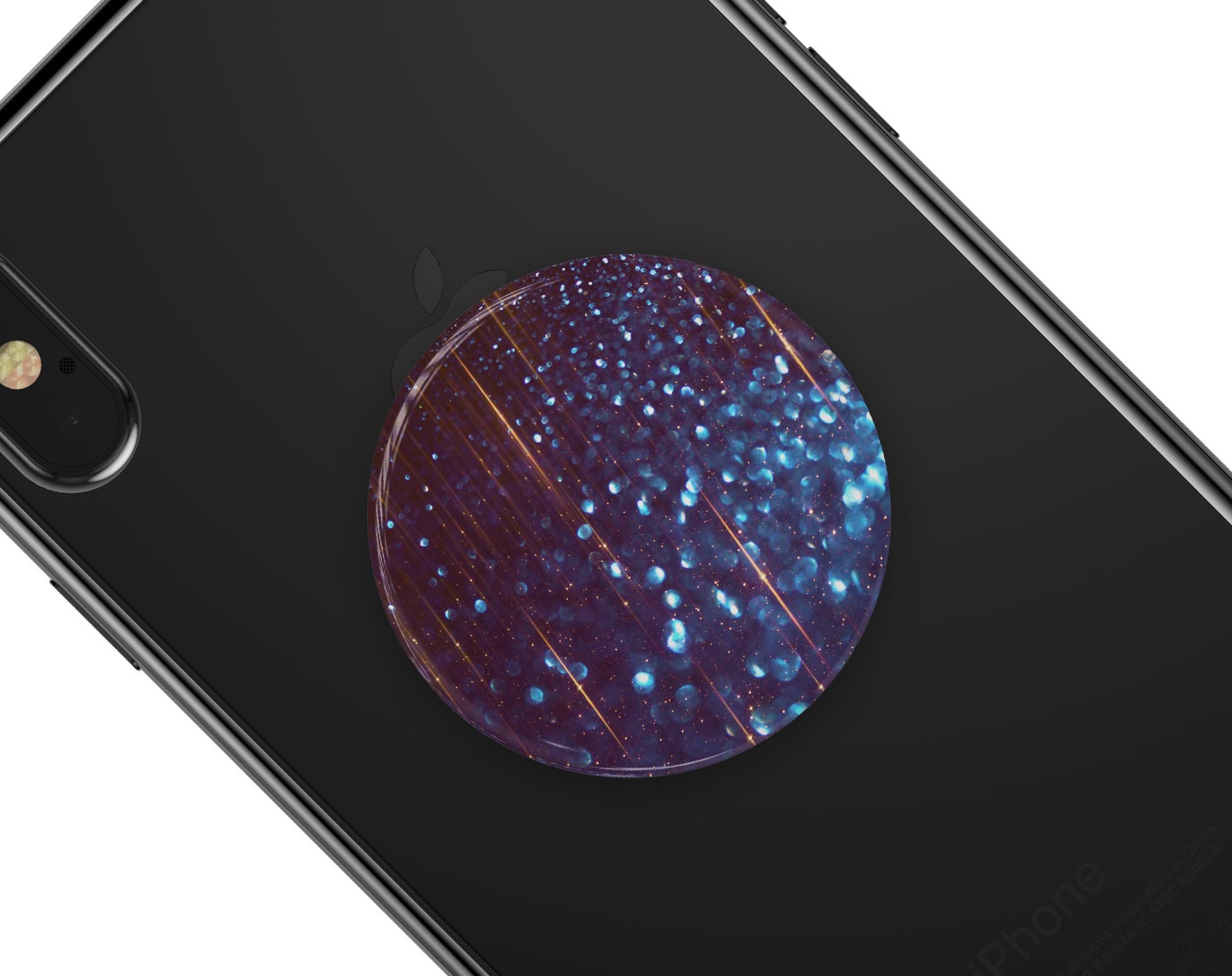 Dark Radiant Orbs of Blue skin kit for PopSockets featuring vibrant blue orbs and streaks, designed for easy application and durability.