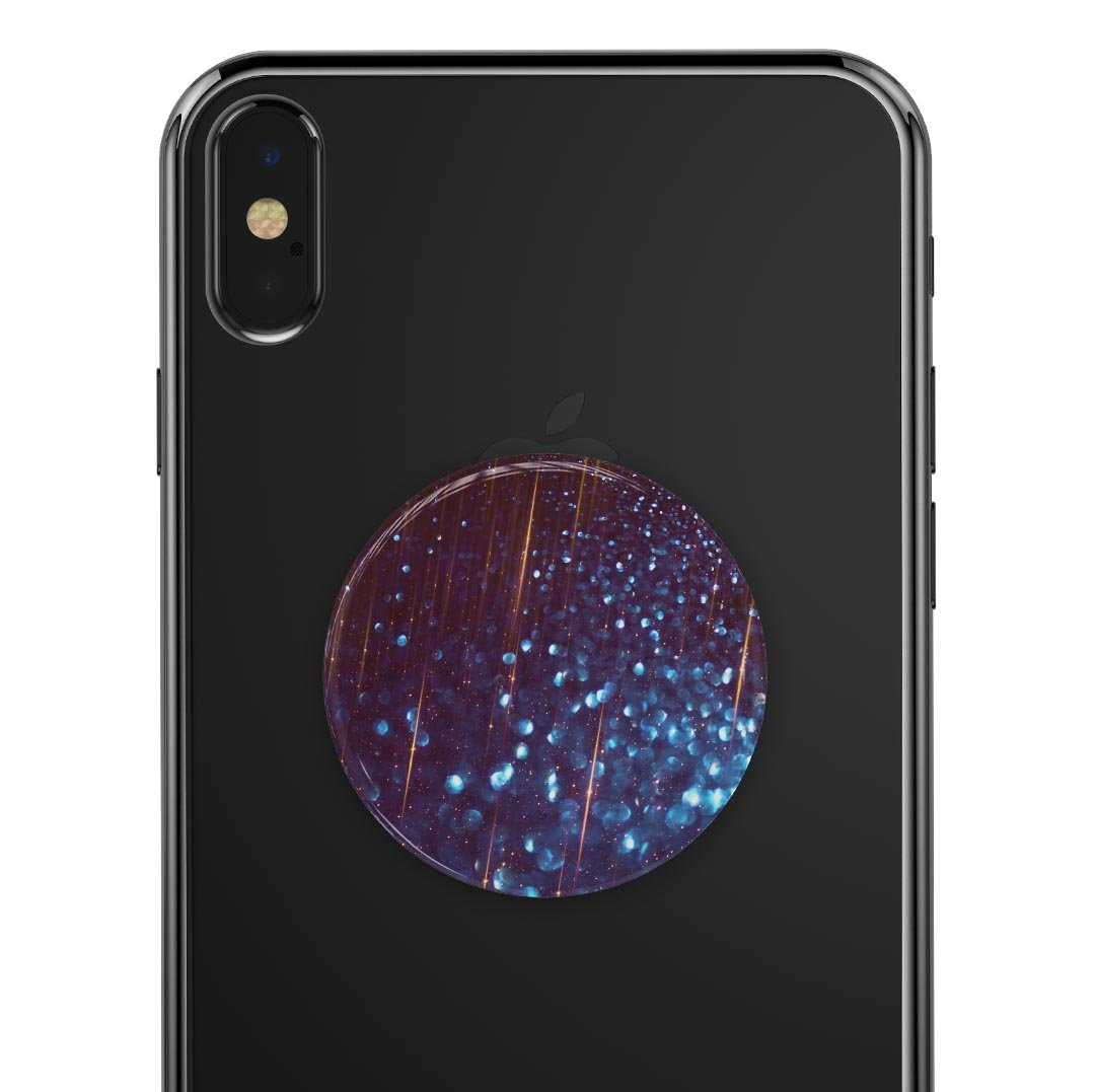 Dark Radiant Orbs of Blue skin kit for PopSockets featuring vibrant blue orbs and streaks, designed for easy application and durability.