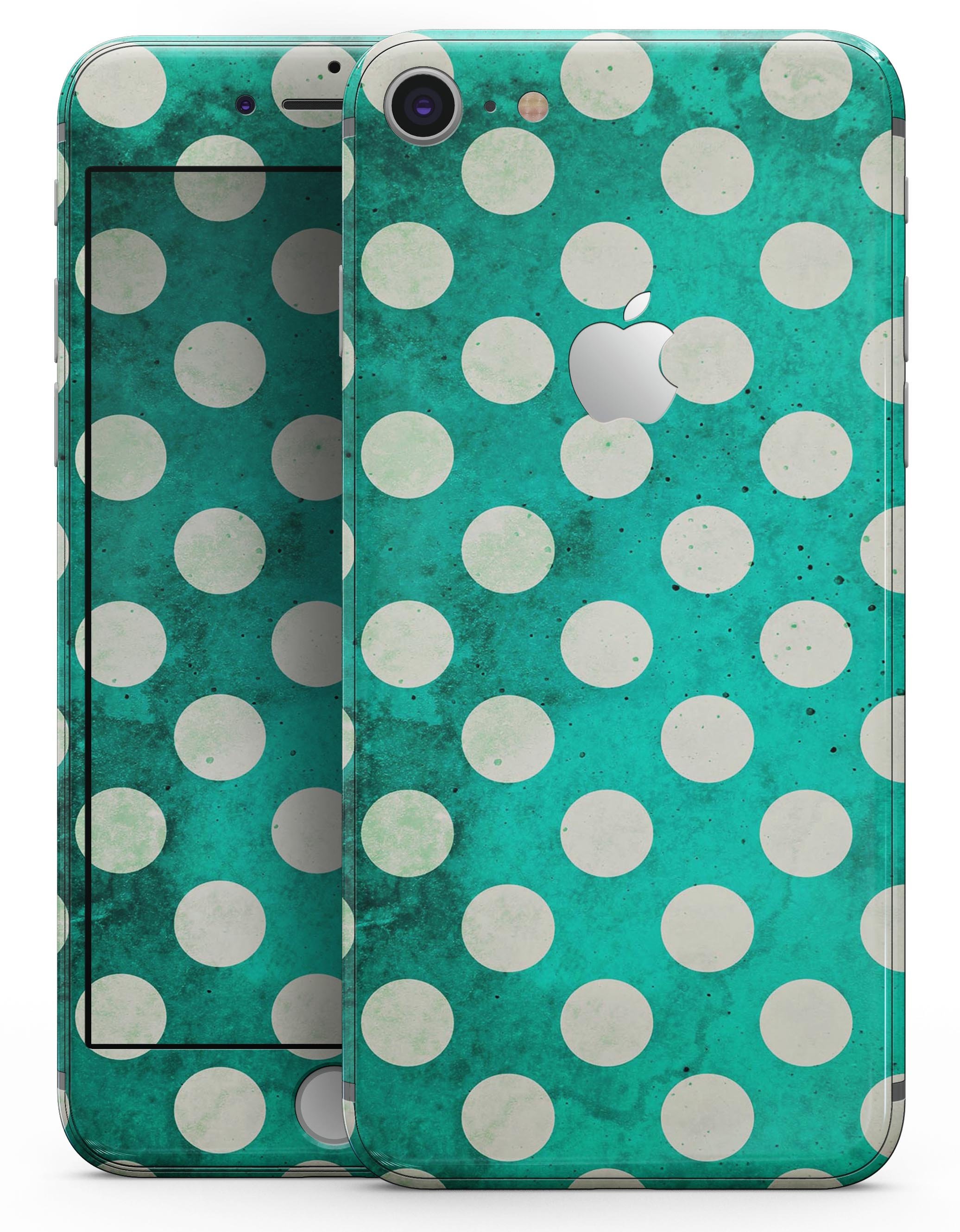 Dark teal and white polka dots skin-kit for iPhone 8 or 8 Plus, showcasing a stylish design that enhances device appearance.