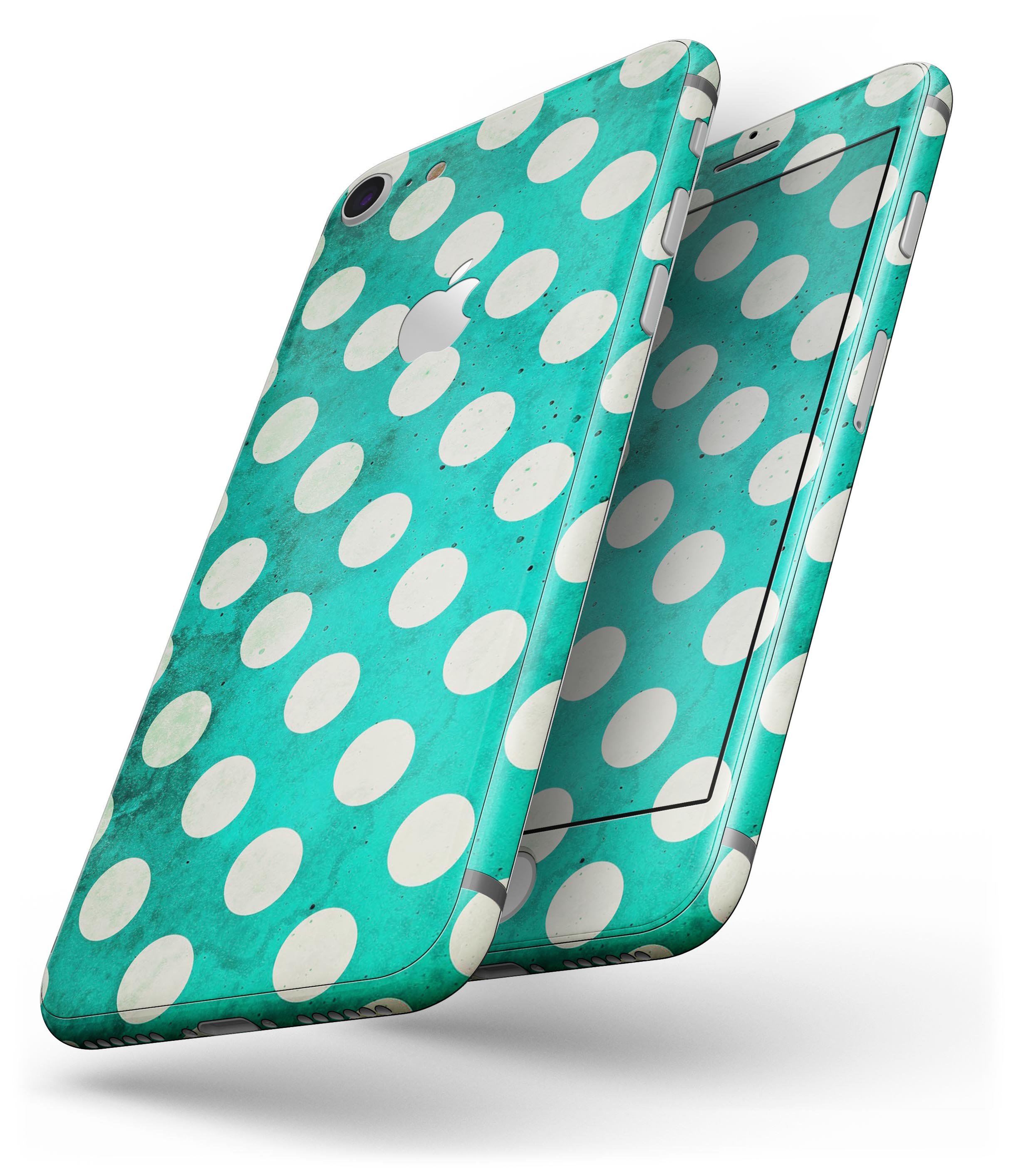Dark teal and white polka dots skin-kit for iPhone 8 or 8 Plus, showcasing a stylish design that enhances device appearance.