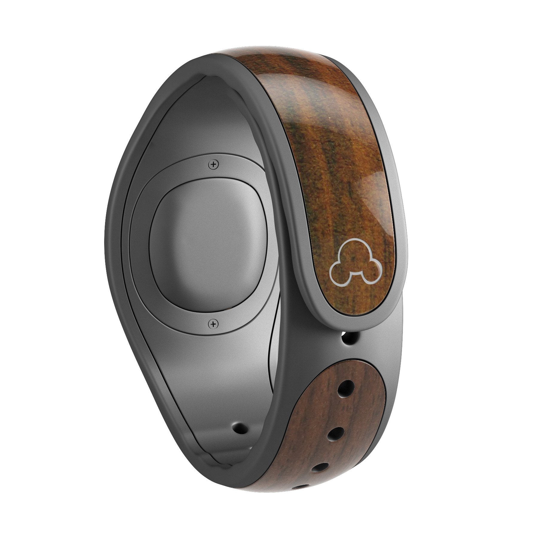 Dark Walnut Stained Wood decal skin wrap kit for Disney Magic Band, showcasing a stylish wood finish and high-quality design.