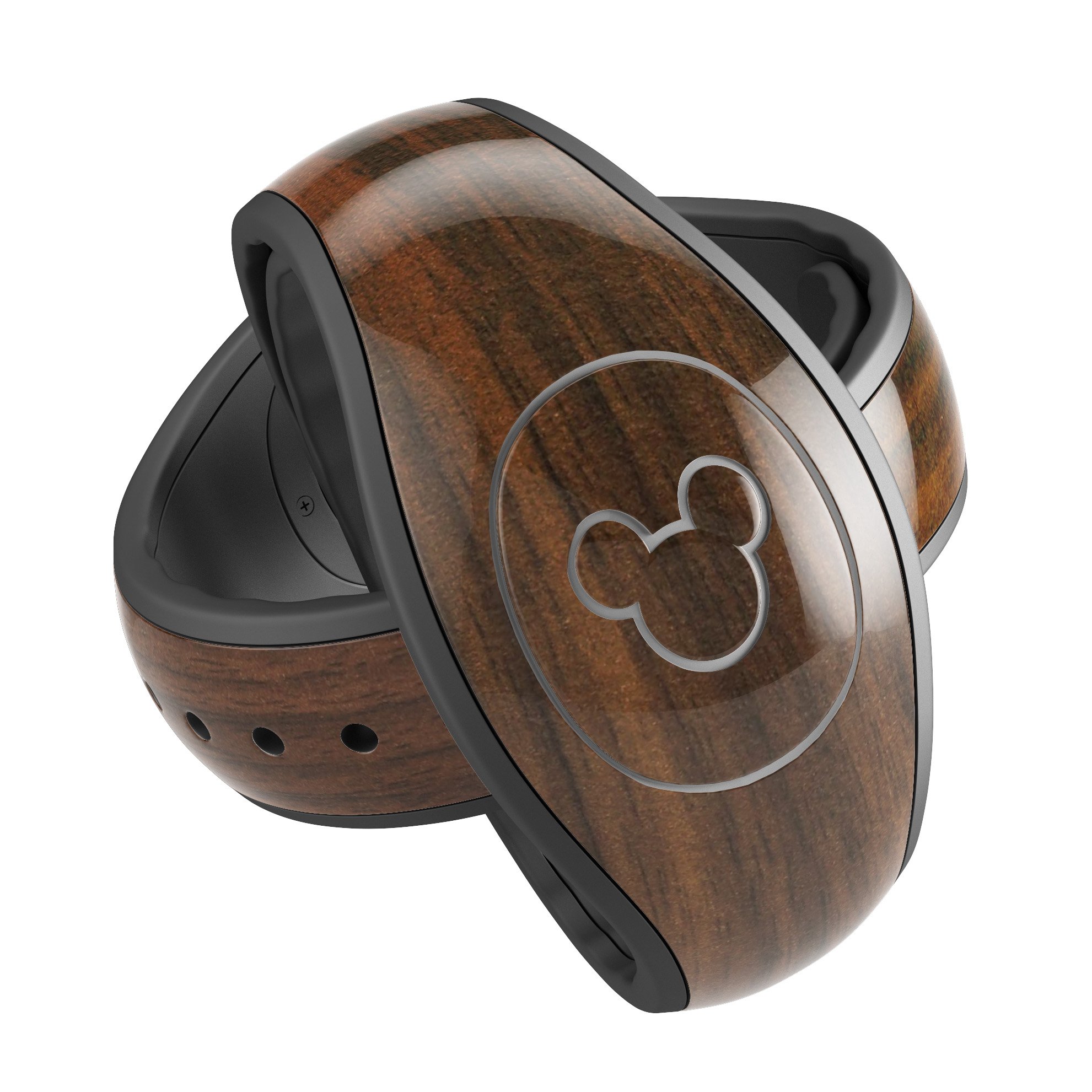 Dark Walnut Stained Wood decal skin wrap kit for Disney Magic Band, showcasing a stylish wood finish and high-quality design.