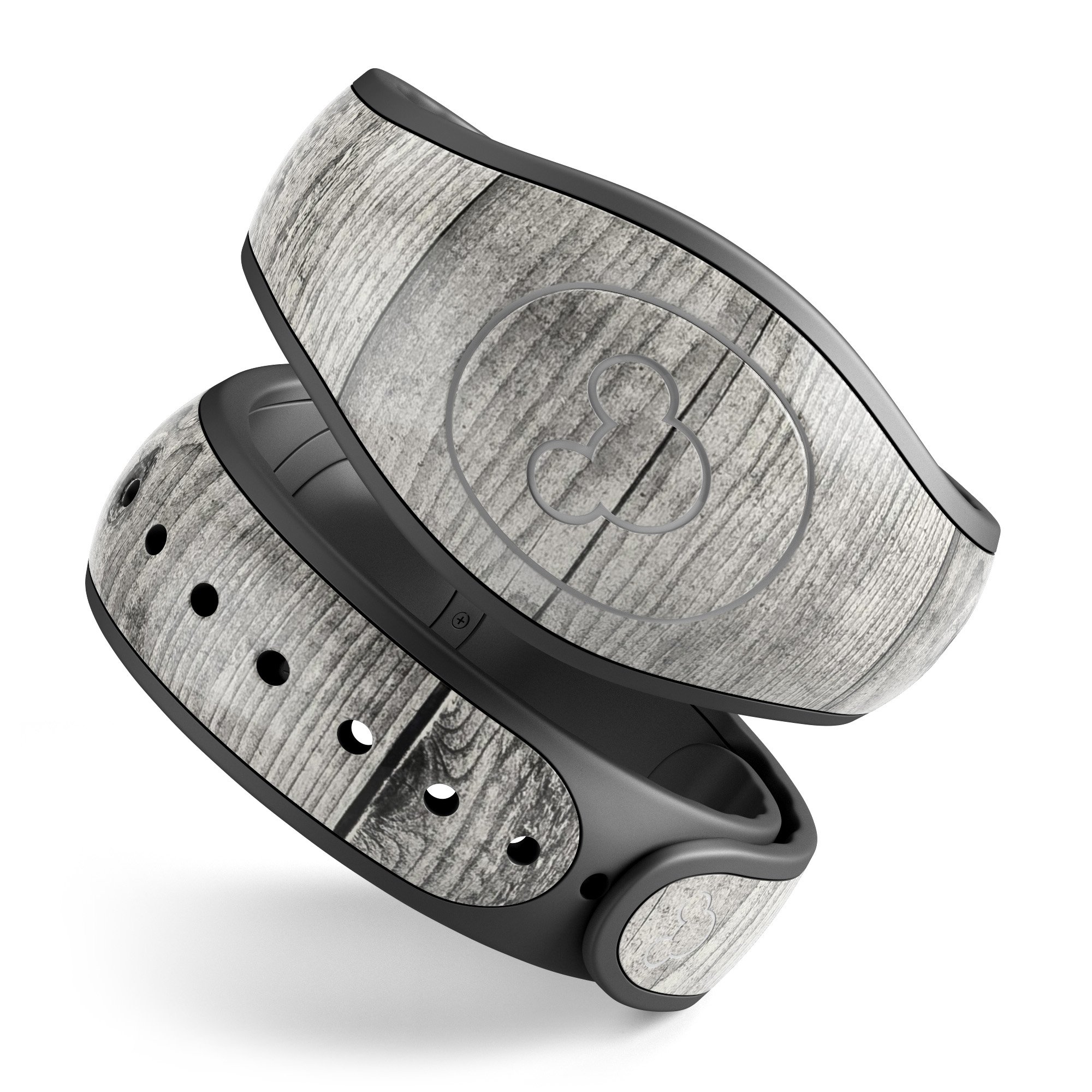 Dark Washed Wood Planks decal skin wrap kit for Disney Magic Band, showcasing a stylish wood design with a smooth finish.