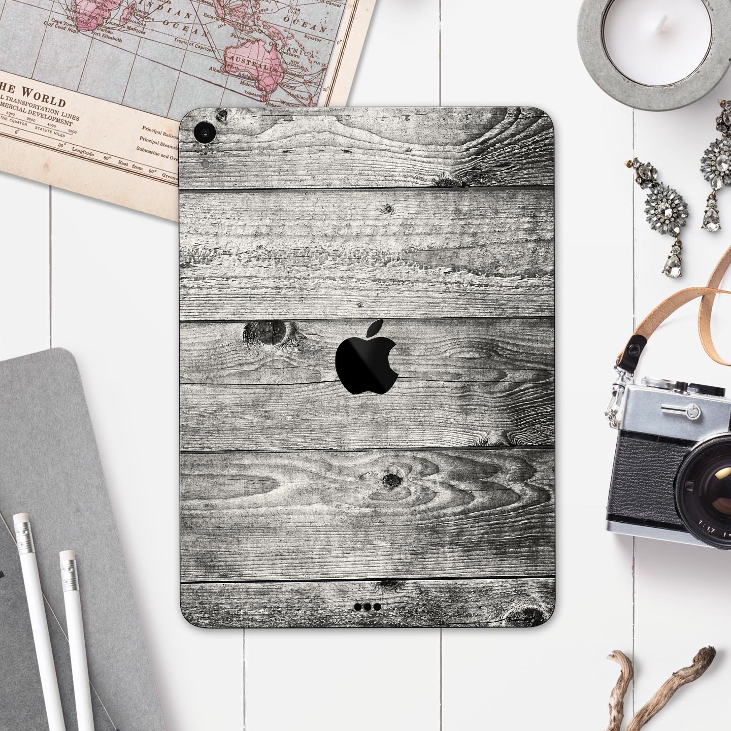 Dark Washed Wood Planks skin decal for Apple iPad Pro, showcasing a stylish wood texture design.
