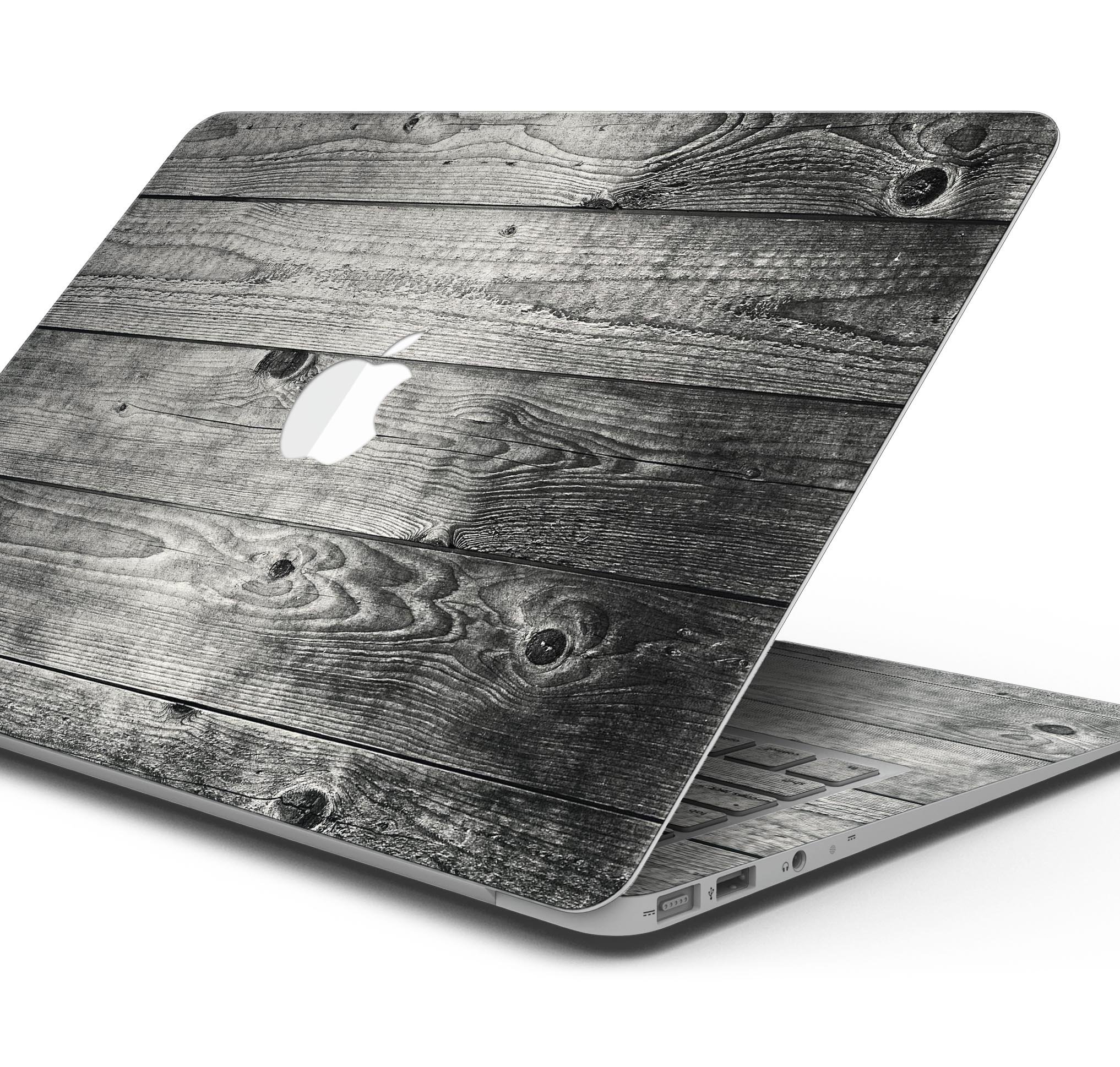 Dark Washed Wood Planks skin decal wrap kit for MacBook, showcasing a stylish wood grain design.