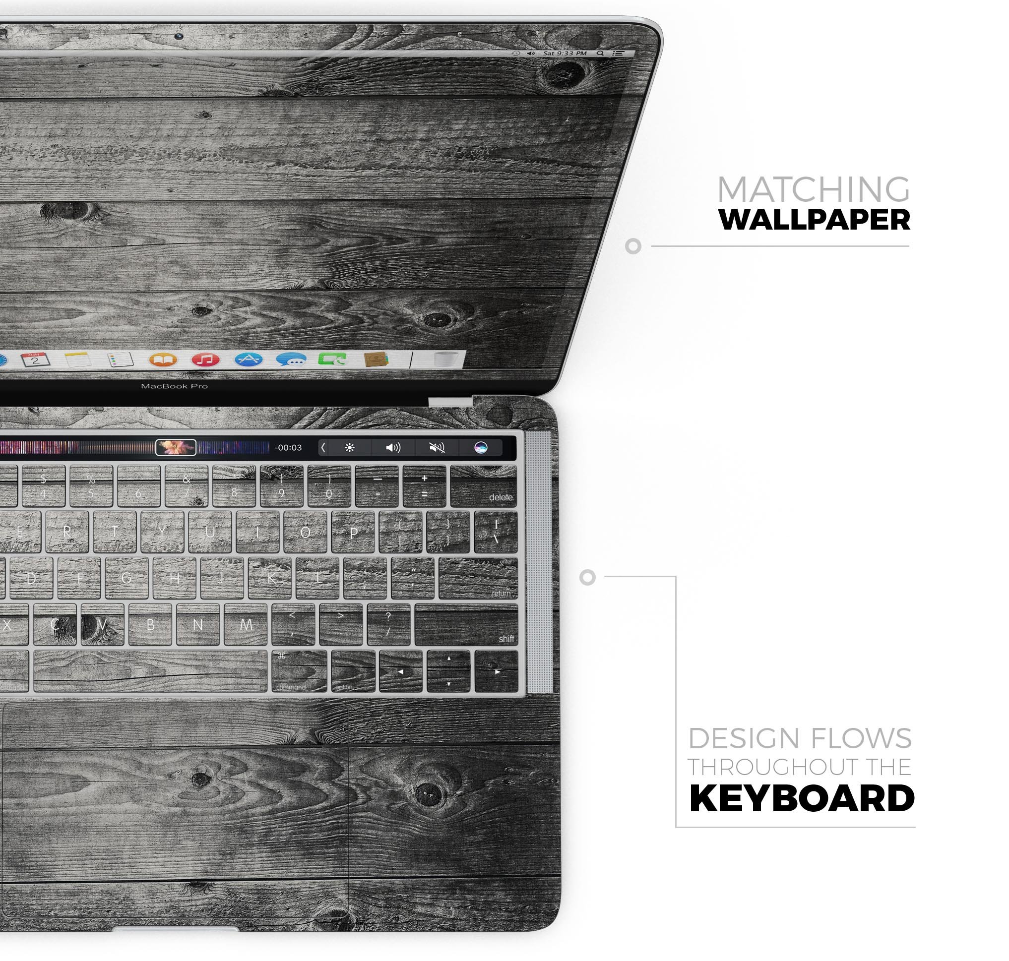 Dark Washed Wood Planks skin decal wrap kit for MacBook, showcasing a stylish wood grain design.