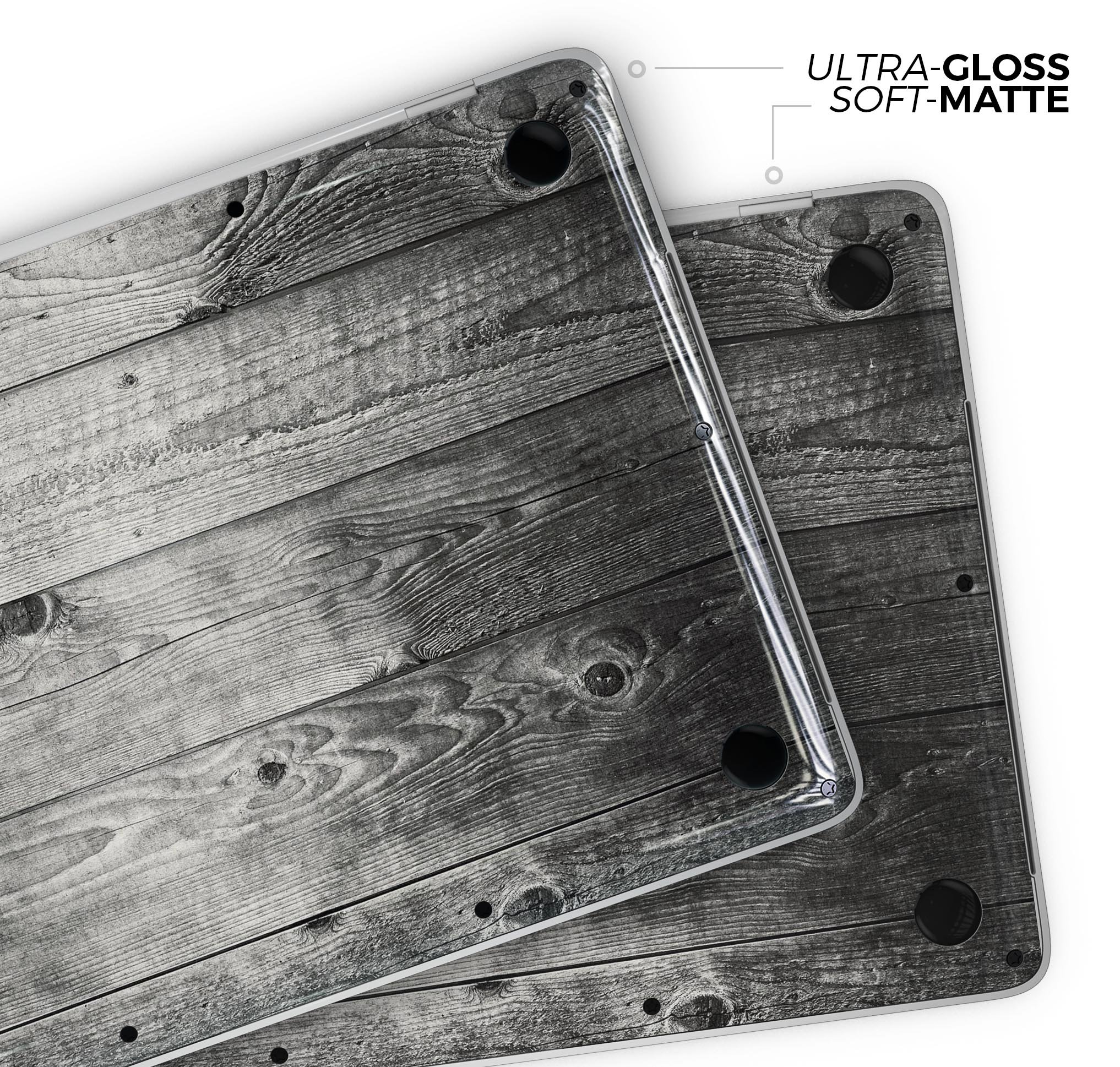 Dark Washed Wood Planks skin decal wrap kit for MacBook, showcasing a stylish wood grain design.