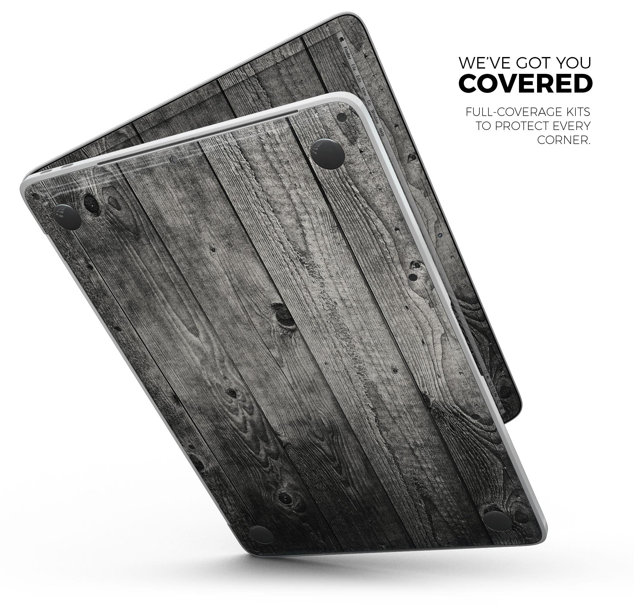 Dark Washed Wood Planks skin decal wrap kit for MacBook, showcasing a stylish wood grain design.