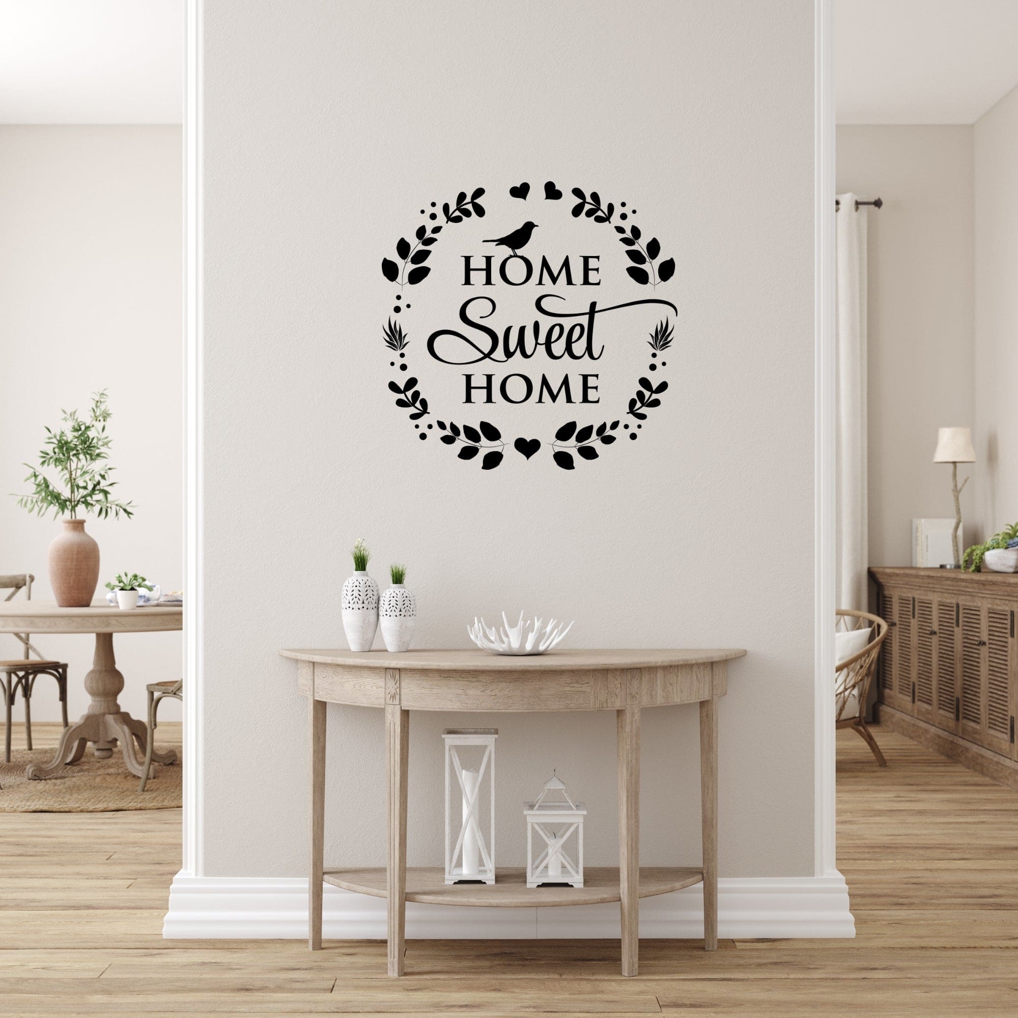 Home Sweet Home removable vinyl wall decal on a smooth wall, showcasing its elegant design and easy application.