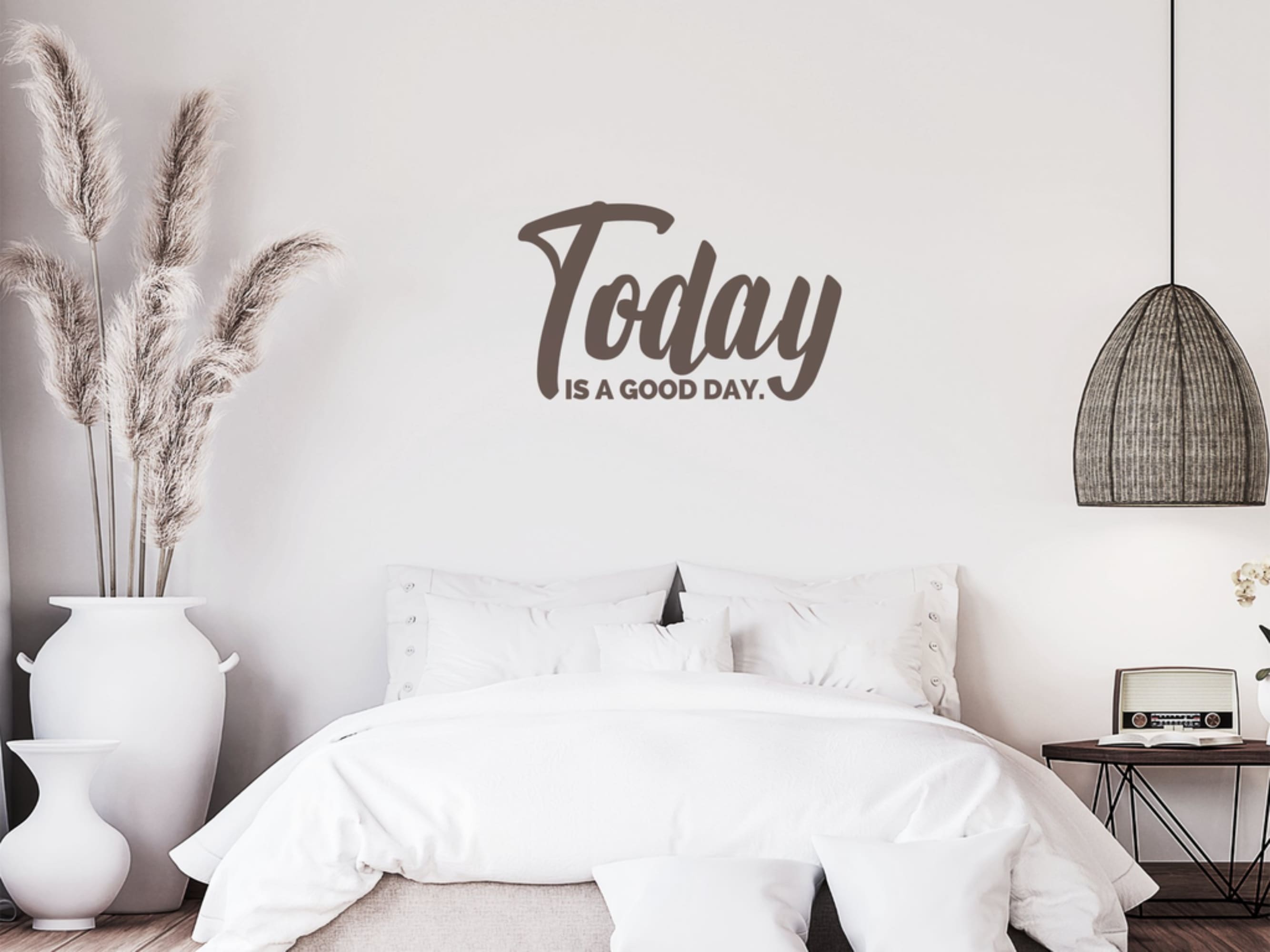 Today is a Good Day removable vinyl wall decal displayed on a smooth wall, showcasing its vibrant design and easy peel-and-stick feature.