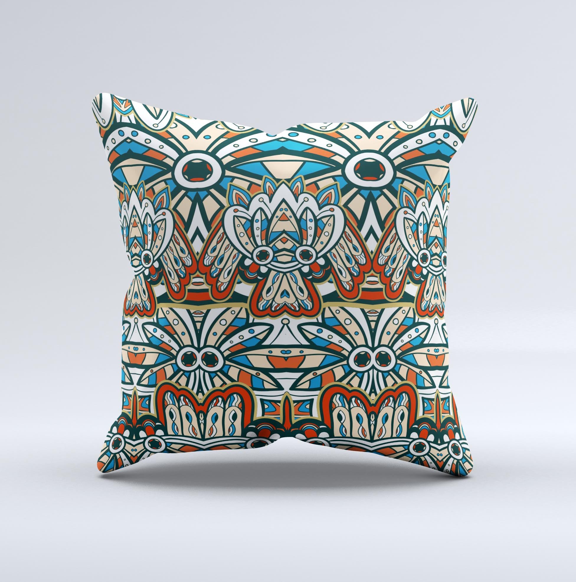 Decorative throw pillow featuring a vibrant blue and red Aztec pattern, handcrafted in Virginia with high-quality materials.