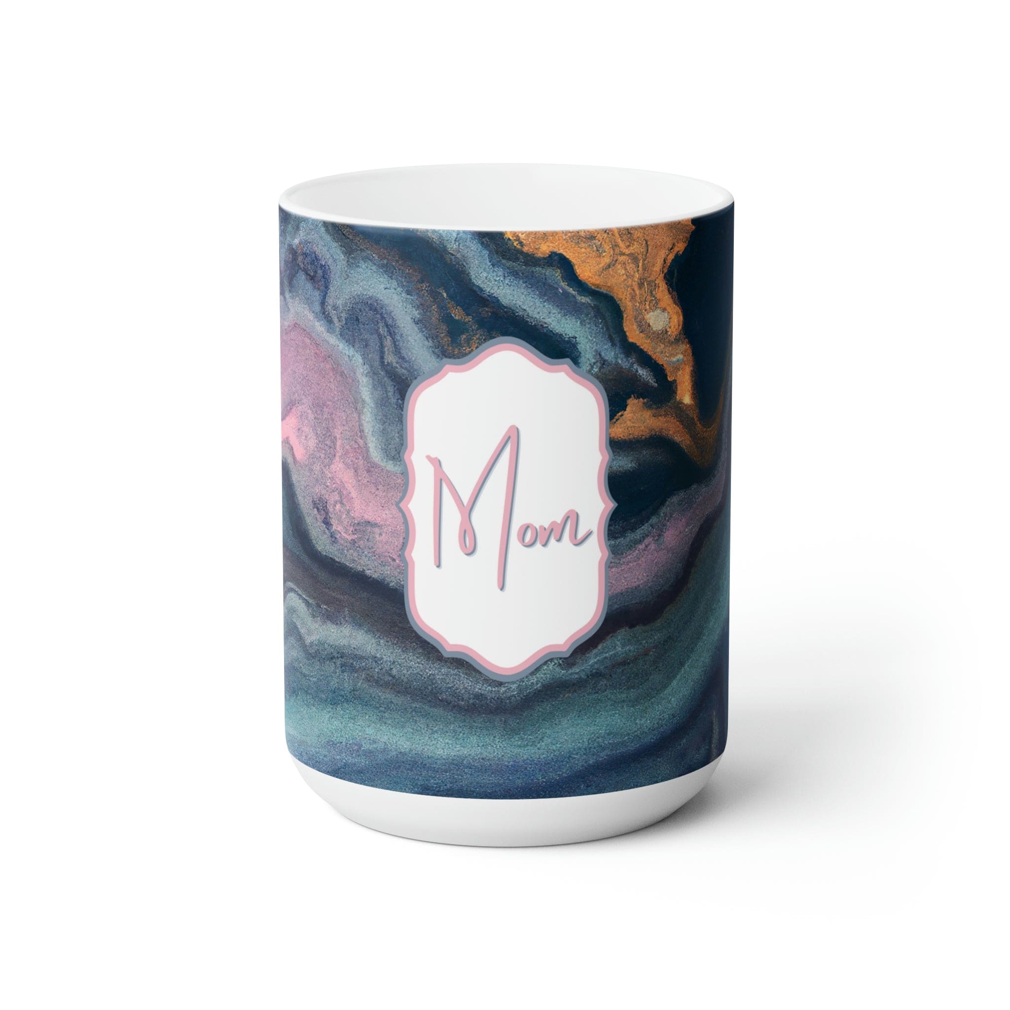 A decorative 15oz ceramic mug featuring a navy blue marble swirl pattern, perfect for hot and cold beverages.